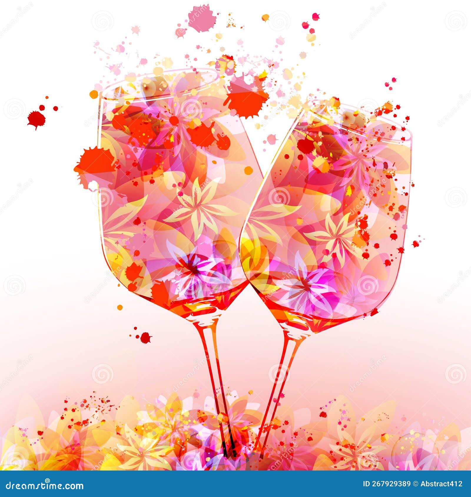 Elegant Wine Glasses with Flowers. Floral Aroma Wine in Goblet Stock