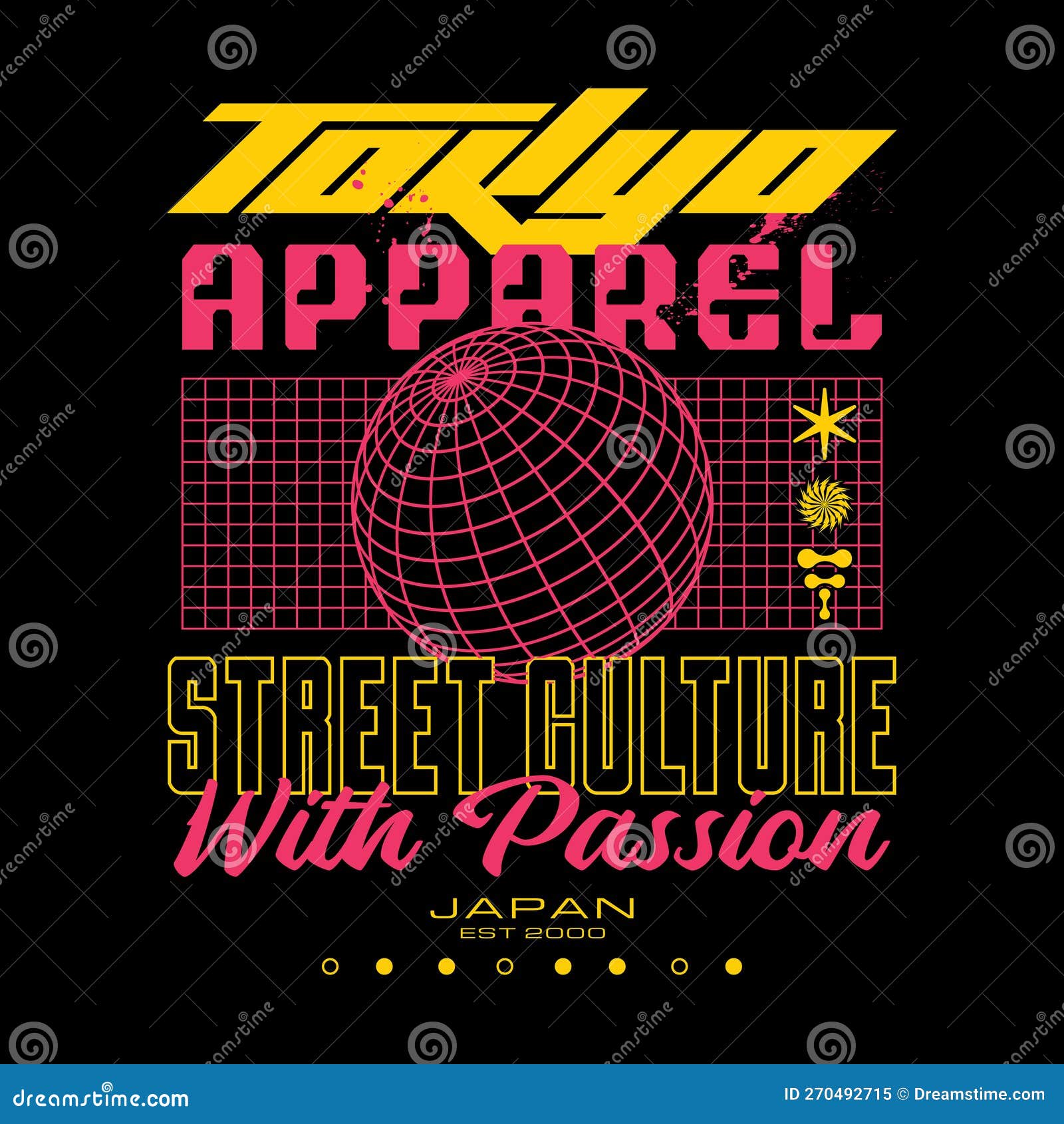 Modern futuristic y2k streetwear typography Tokyo slogan print for man -  woman graphic tee t shirt vector design icon illustration. Kanji means  Tokyo. Poster, banner, sticker, pin, badge, patch 20862332 Vector Art