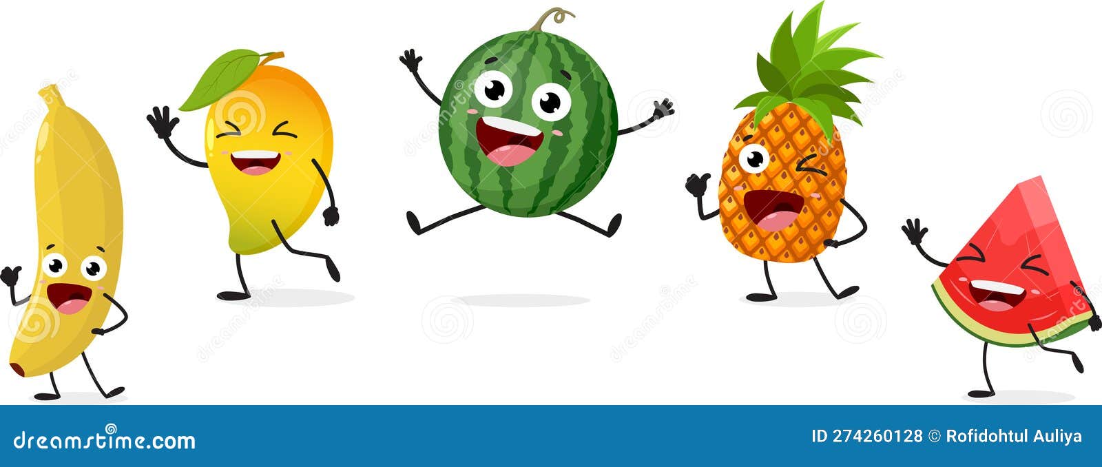 Happy Watermelon, Pineapple, Mango, Banana Fruits Cartoon Characters