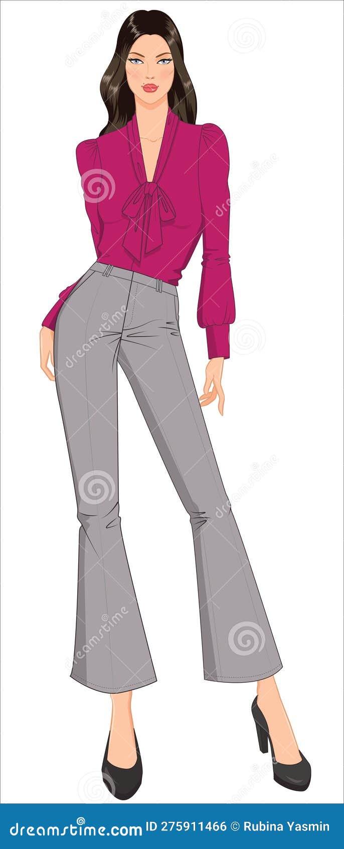 women croquis in smart uniform fir and flare pants with pussy bow top
