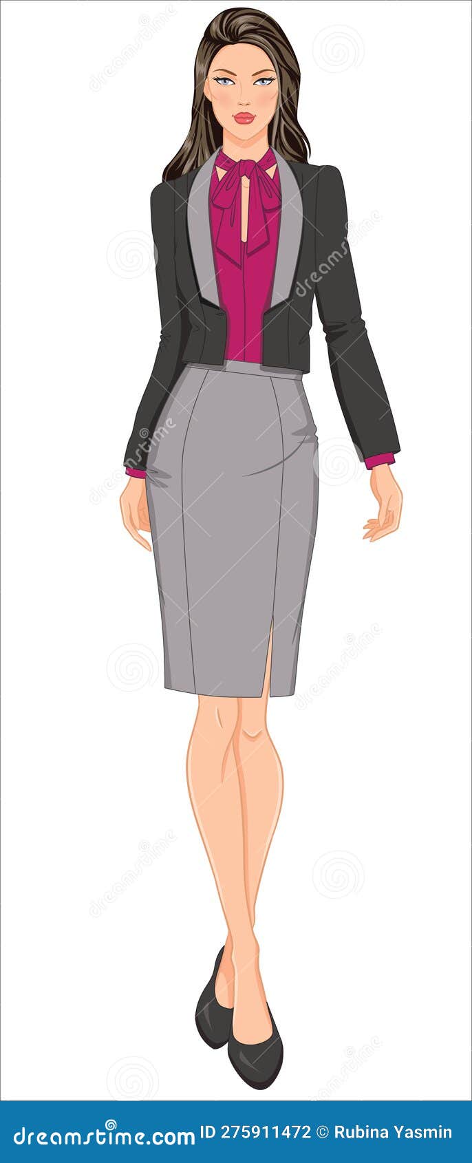 women croquis in smart uniform blazer with pencil skirt and pussy bow top