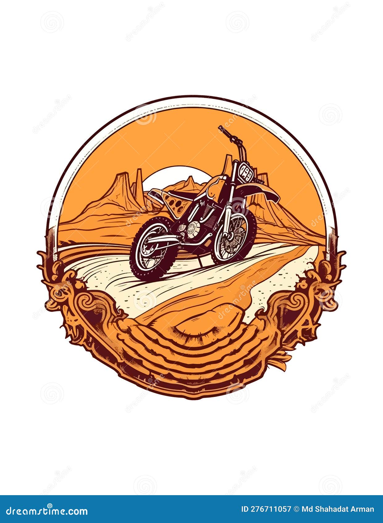 Motorcycle in Front of a Desert Hand Drawn Illustration, Motorcycle