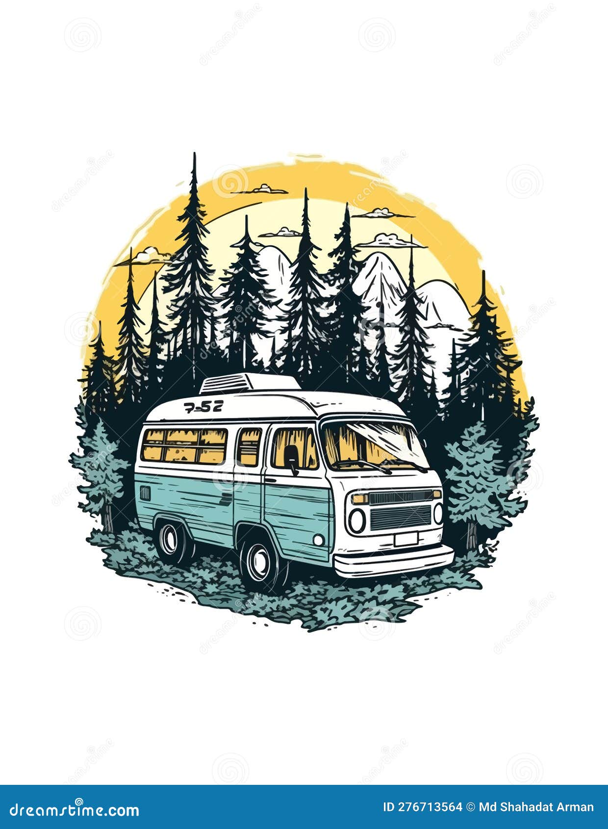 Travel Van in Front of a Beach Hand Drawn Illustration, Travel Van Hand ...