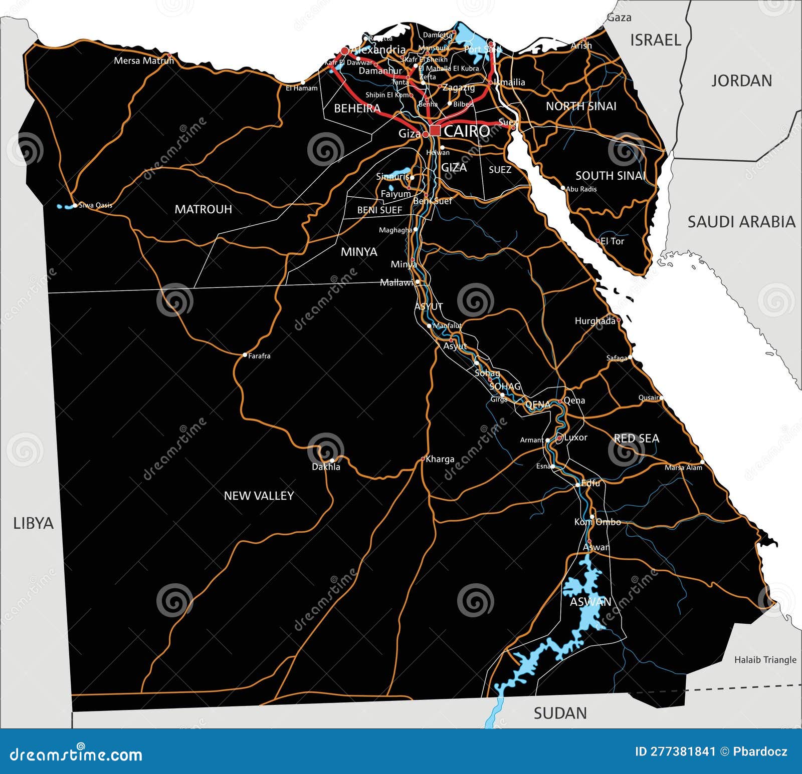 Detailed Egypt Road Map with Labeling. Stock Vector Illustration of