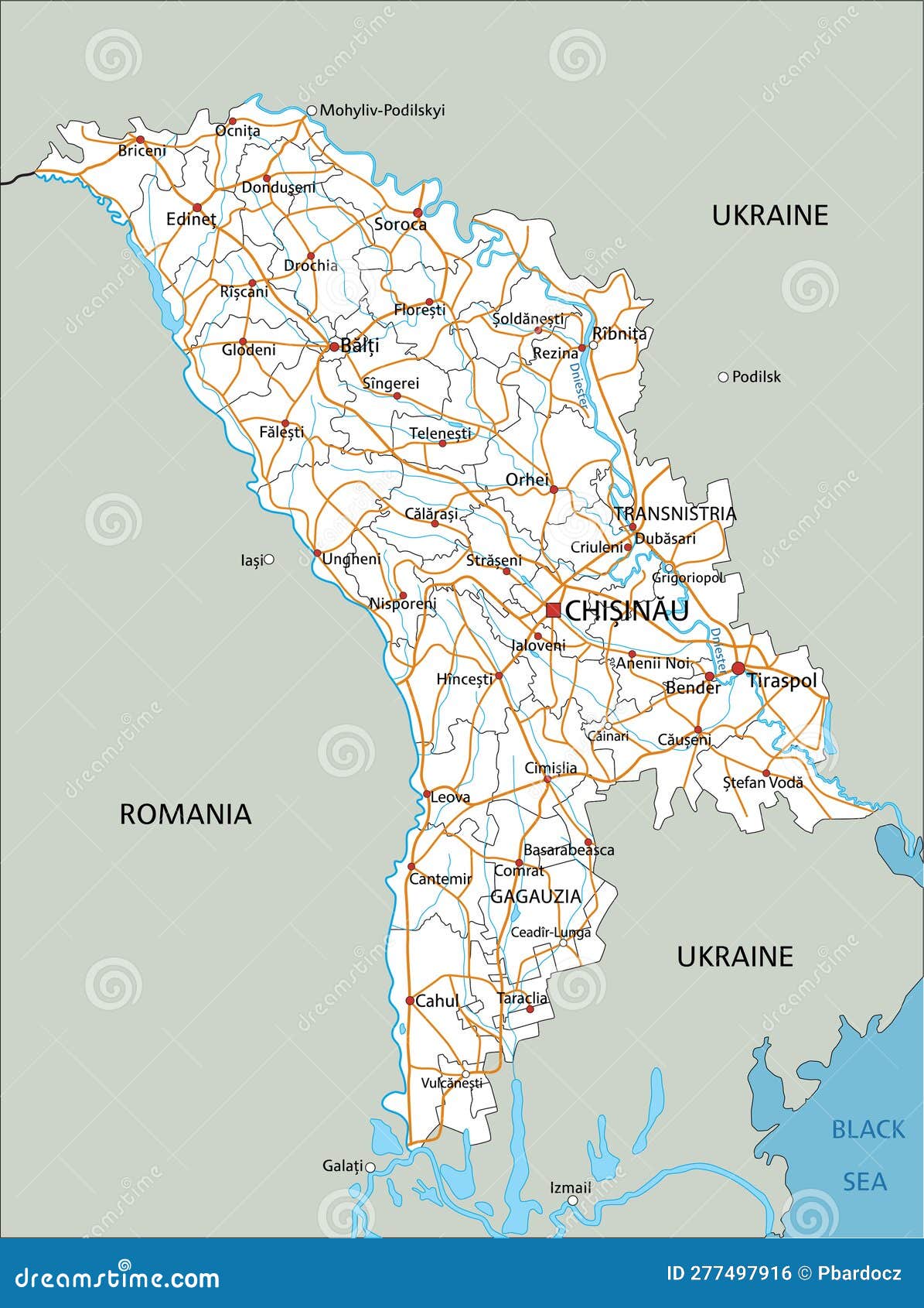 detailed moldova road map with labeling.