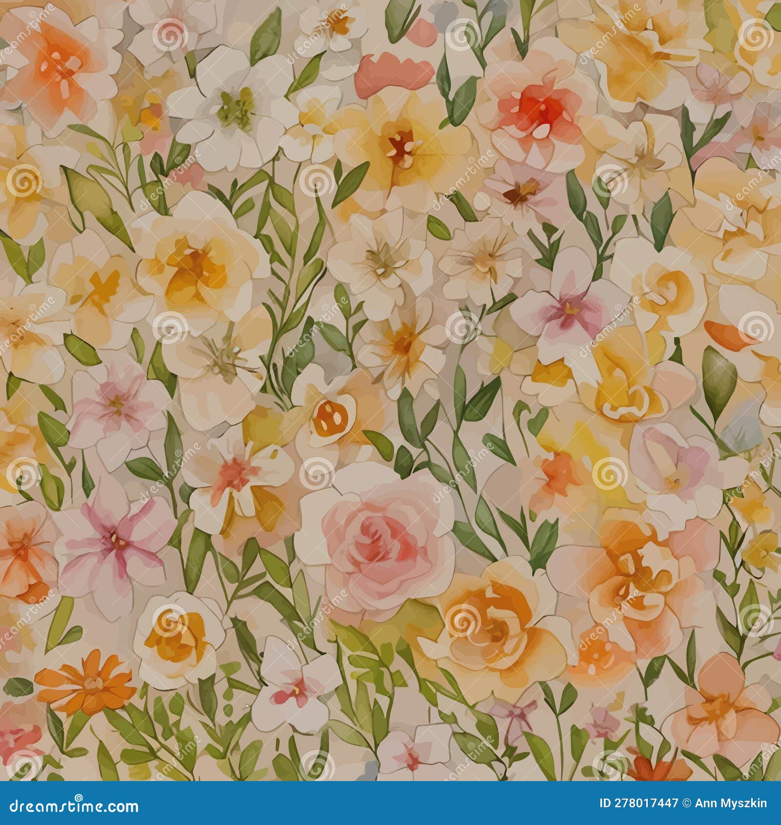 Vector Watercolor Illustration of Colorful Pink Yellow Orange Flowers