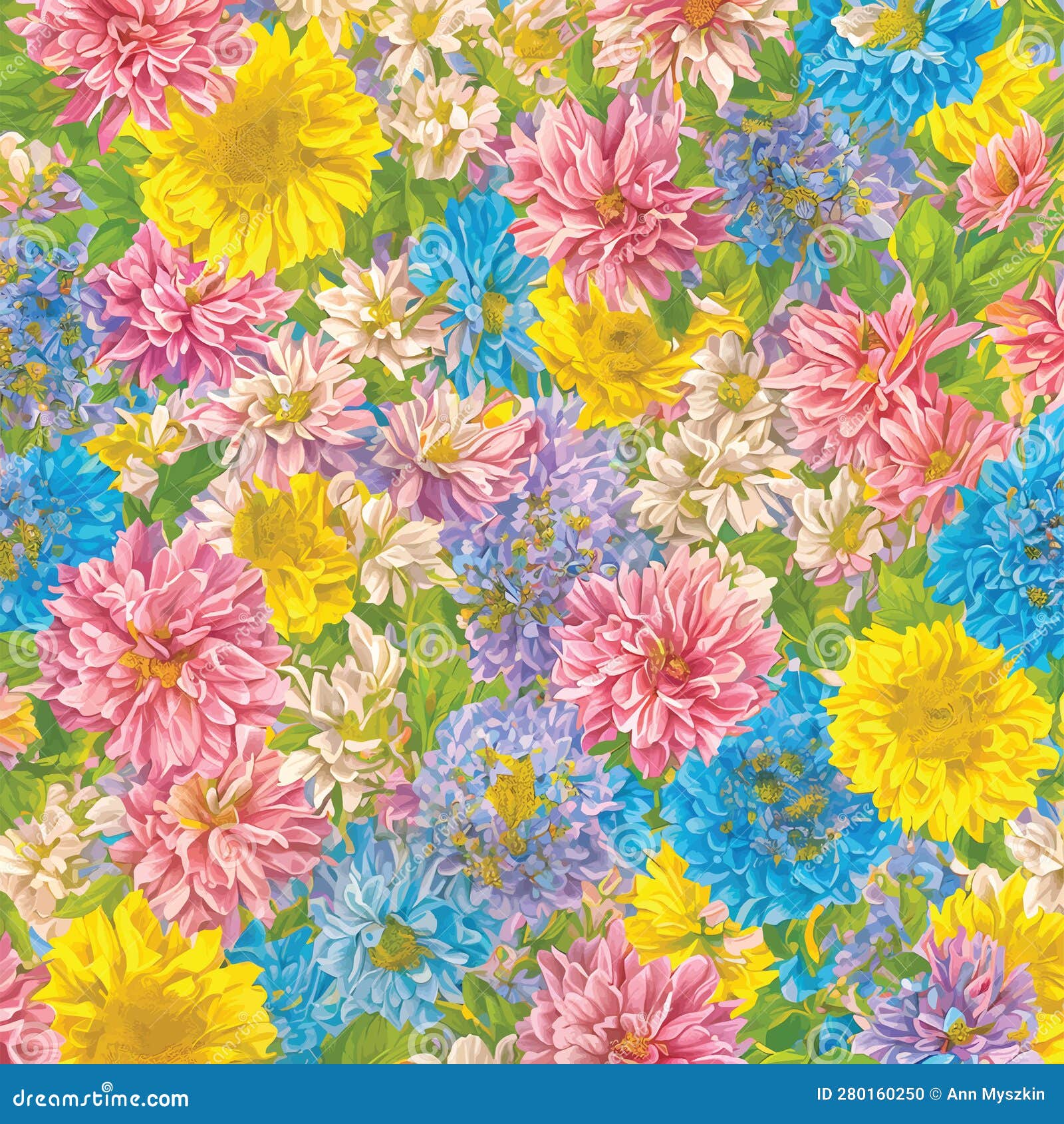 Vector Illustration of Pink Blue Yellow Flowers Background Pattern