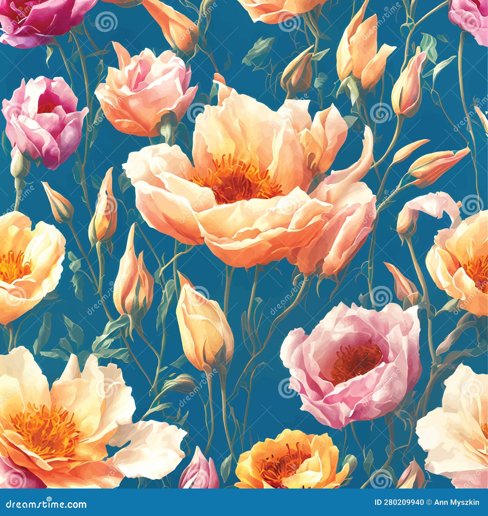 Vector Illustration of Pink Flowers on Blue Background Pattern