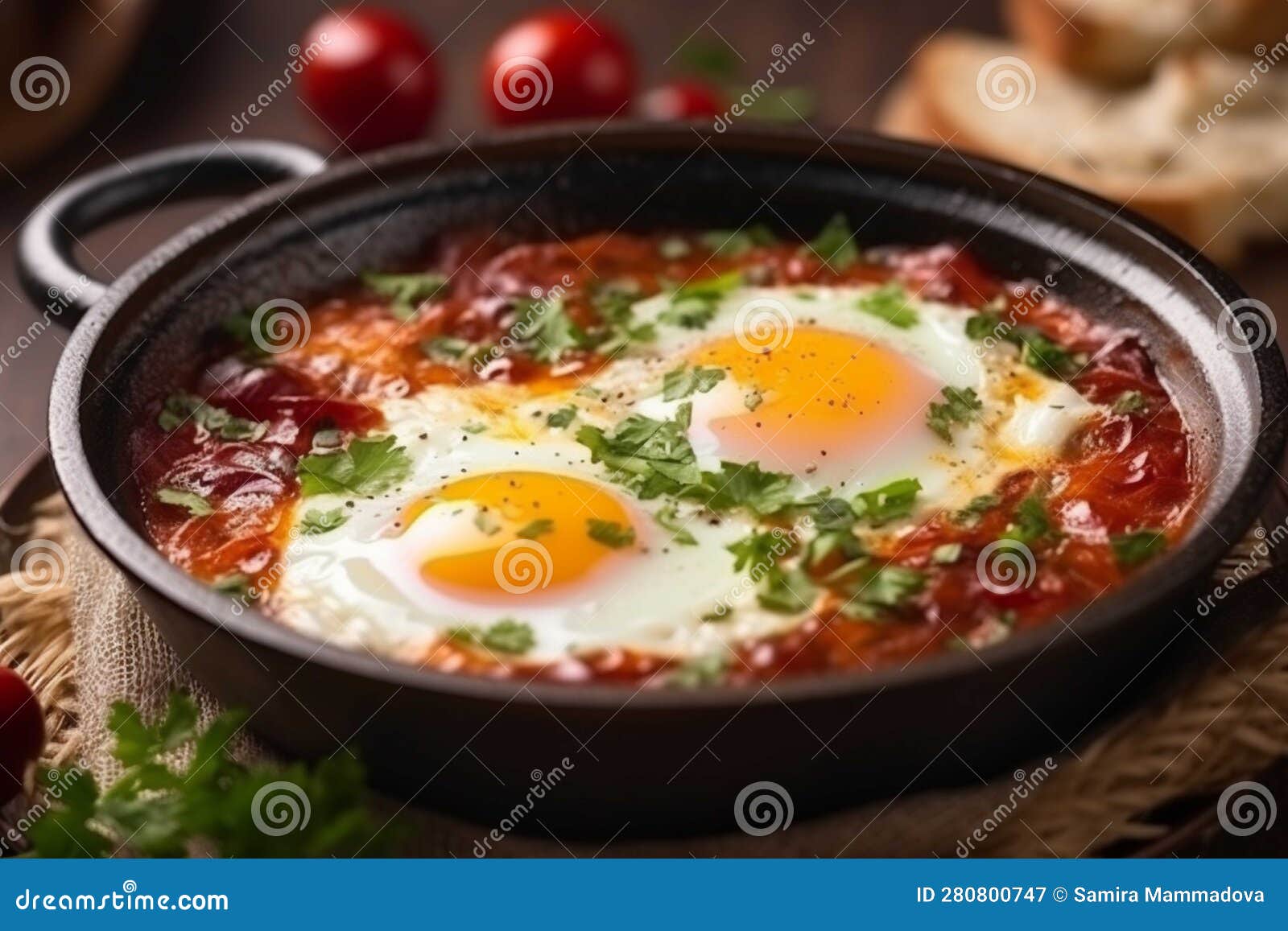 Fried Eggs with Cherry Tomatoes and Parsley Stock Illustration