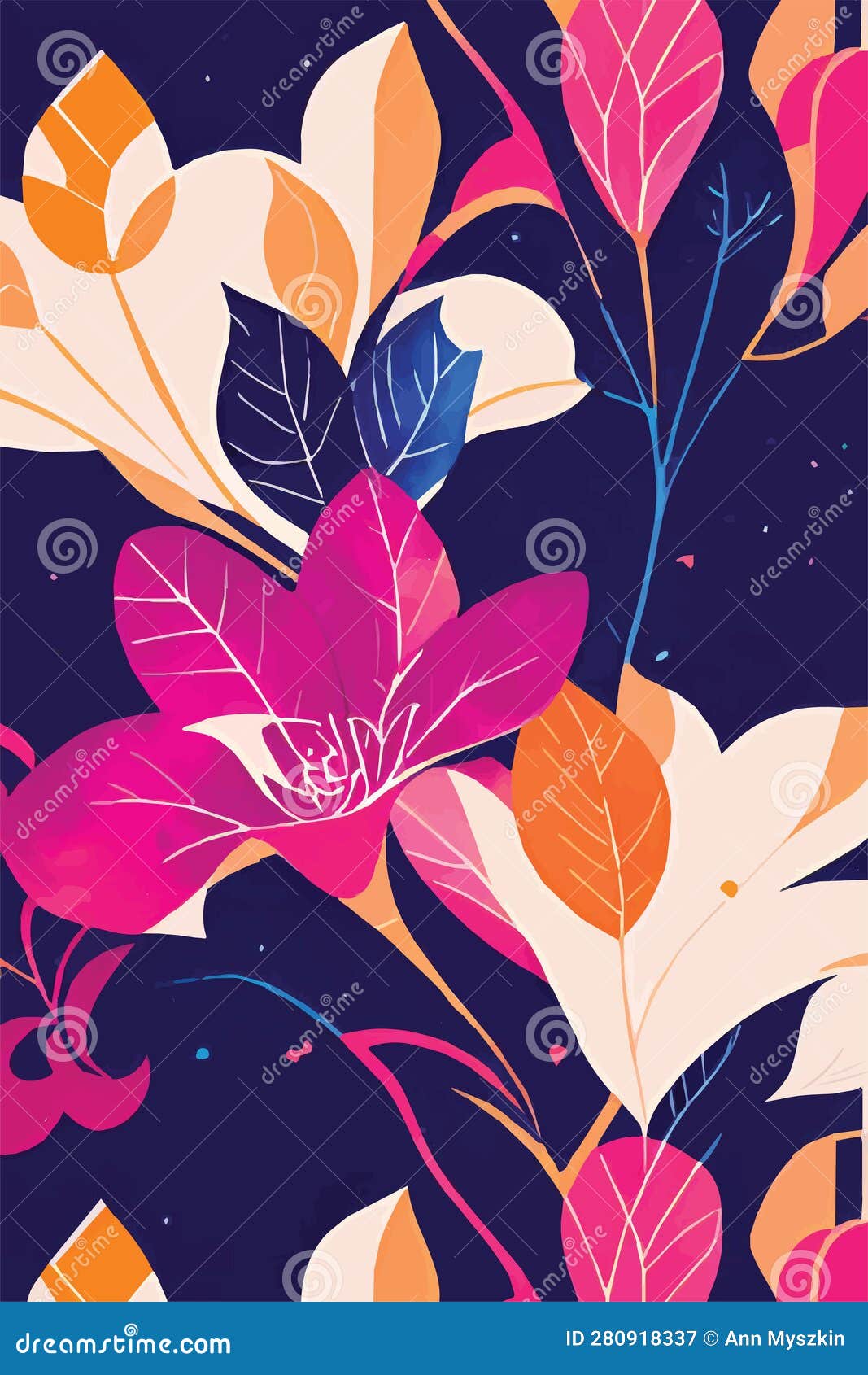 Vector Illustration of Pink Orange White Flowers on Blue Background