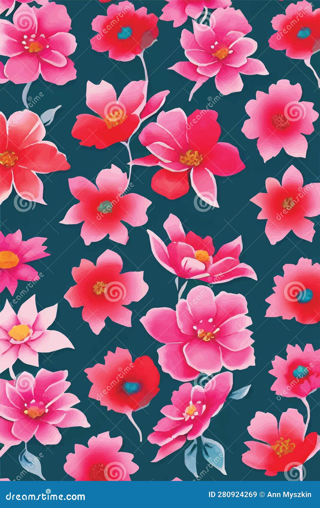 Vector Illustration of Pink Flowers on Blue Background Wallpaper