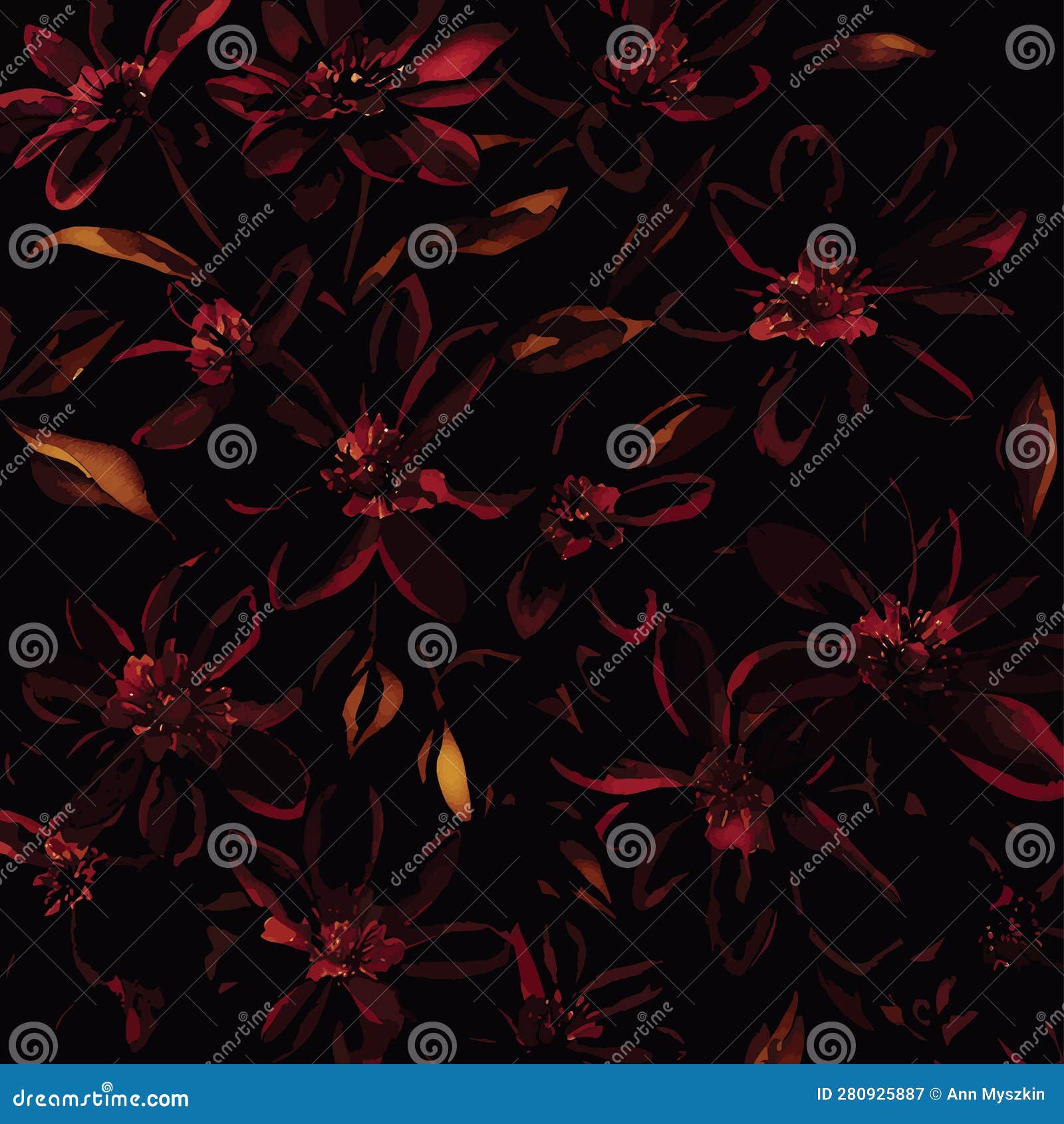 Vector Illustration of Abstract Red Flowers on Black Background