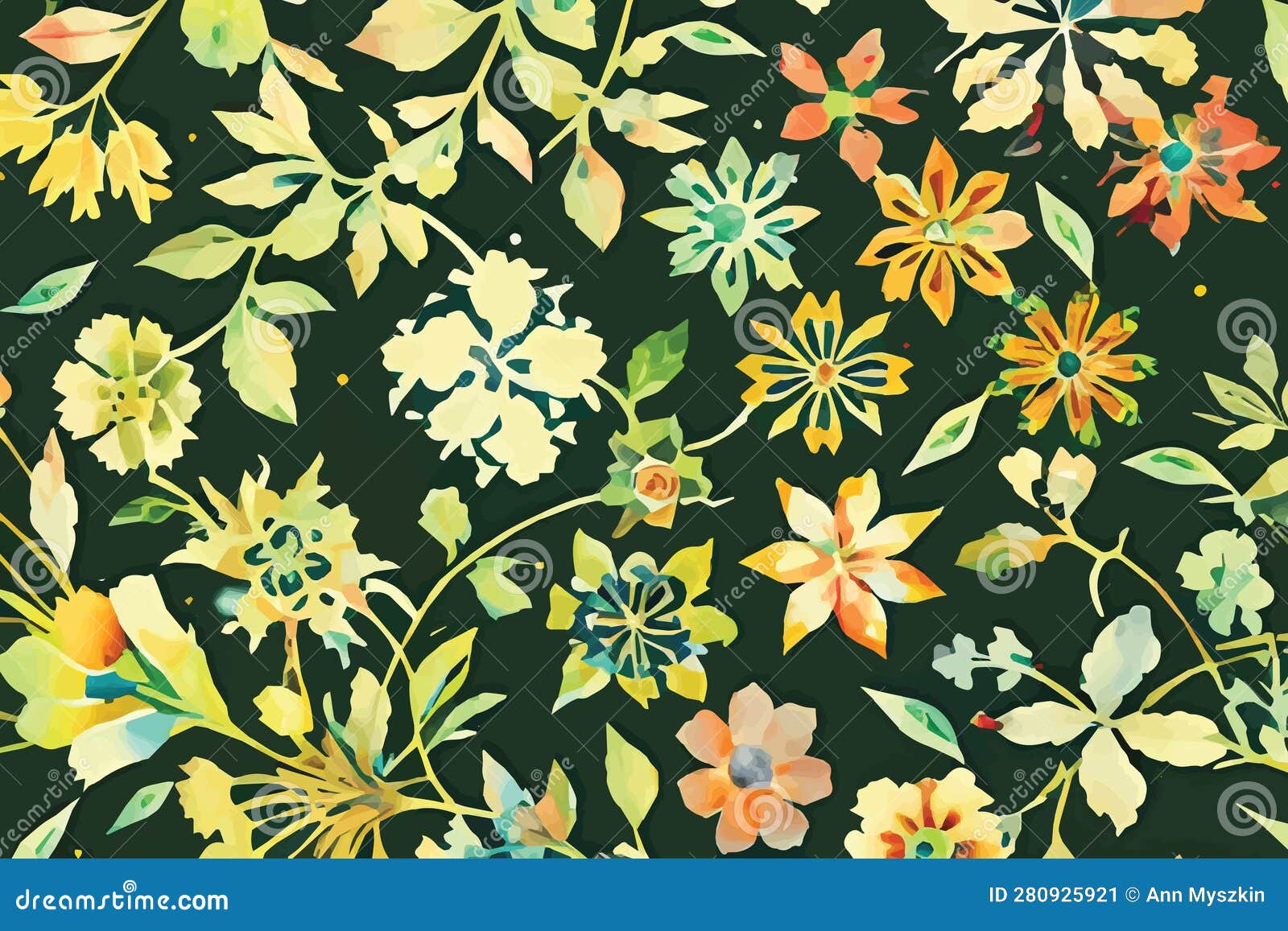 Vector Illustration of Yellow Flowers and Leaves on Green Background