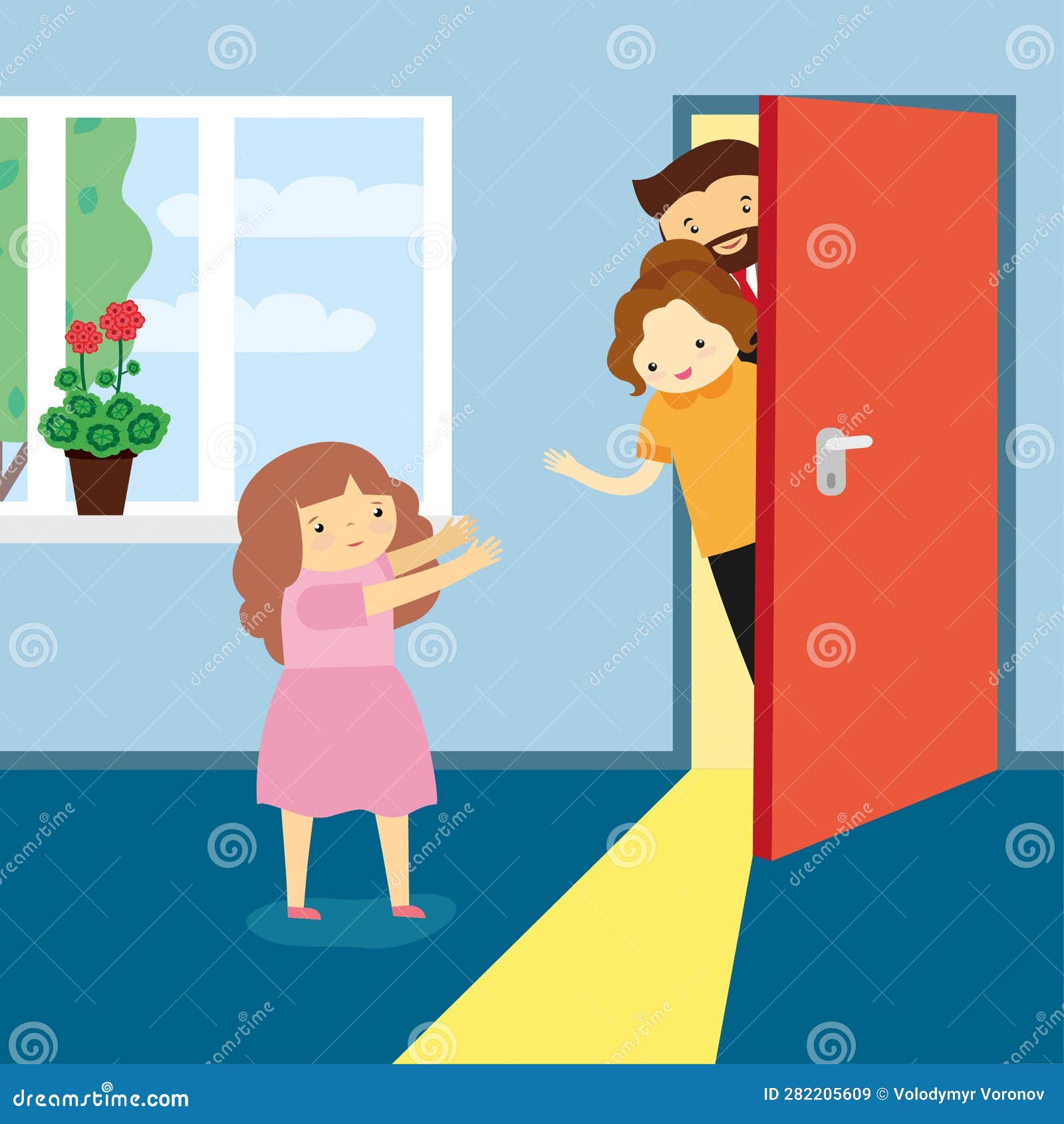 Father and Daughter in Front of the Door. Vector Illustration Stock Vector Illustration of
