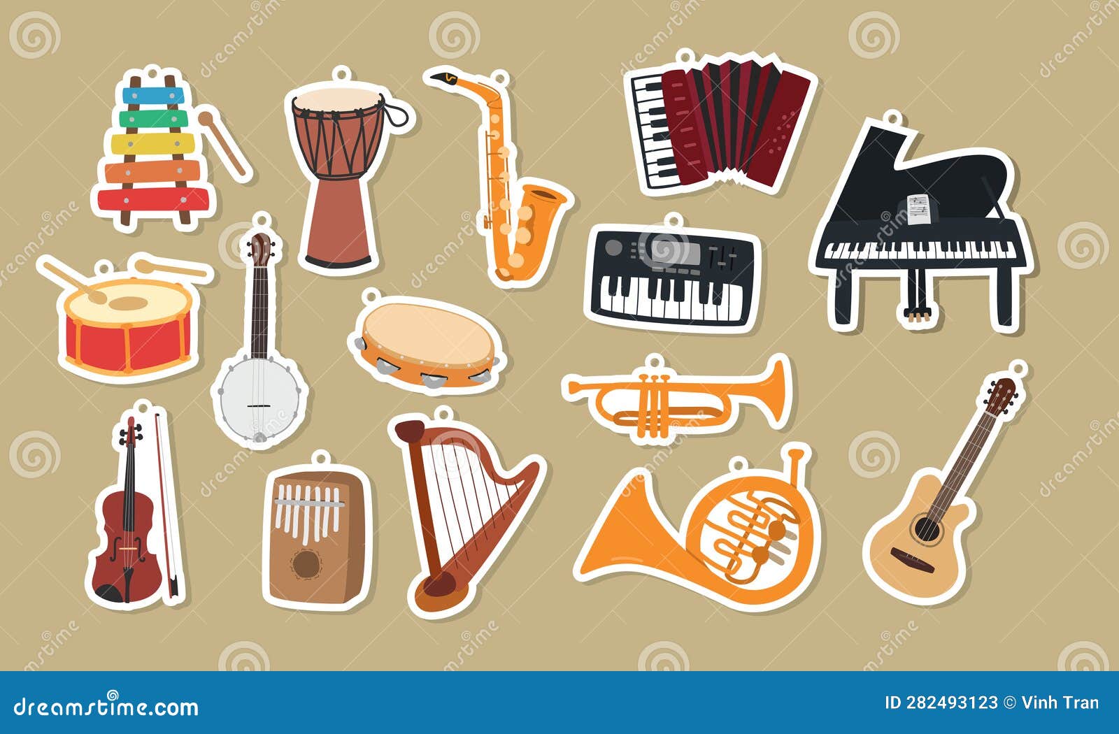 Musical Instruments Clipart Cartoon Stickers Set. Xylophone, Saxophone