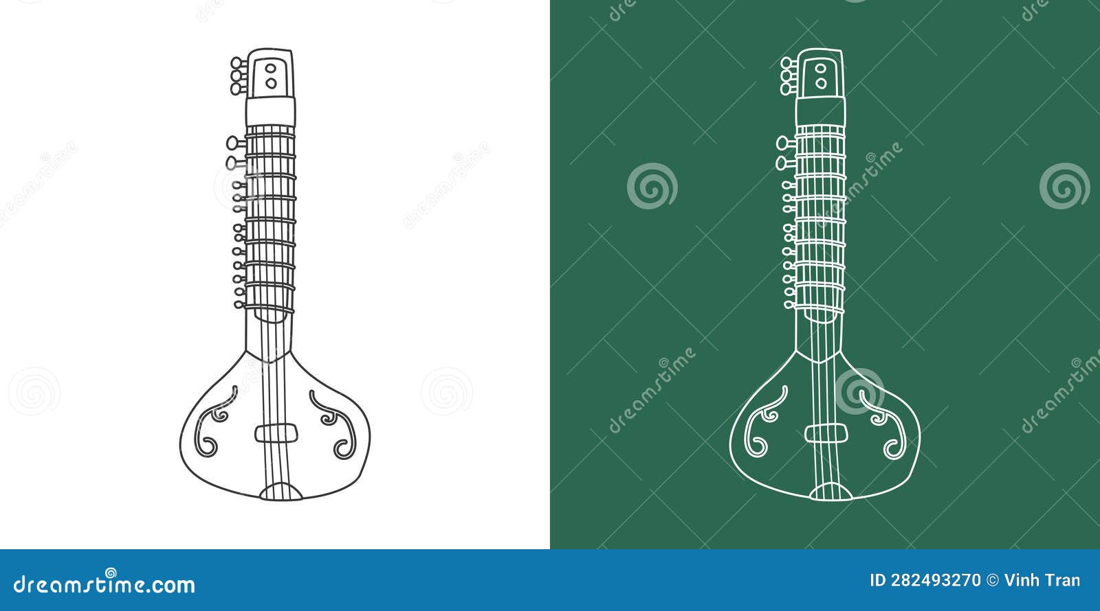 Sitar Line Drawing Cartoon. Indian String Instrument Sitar Clipart Drawing Linear Style on White