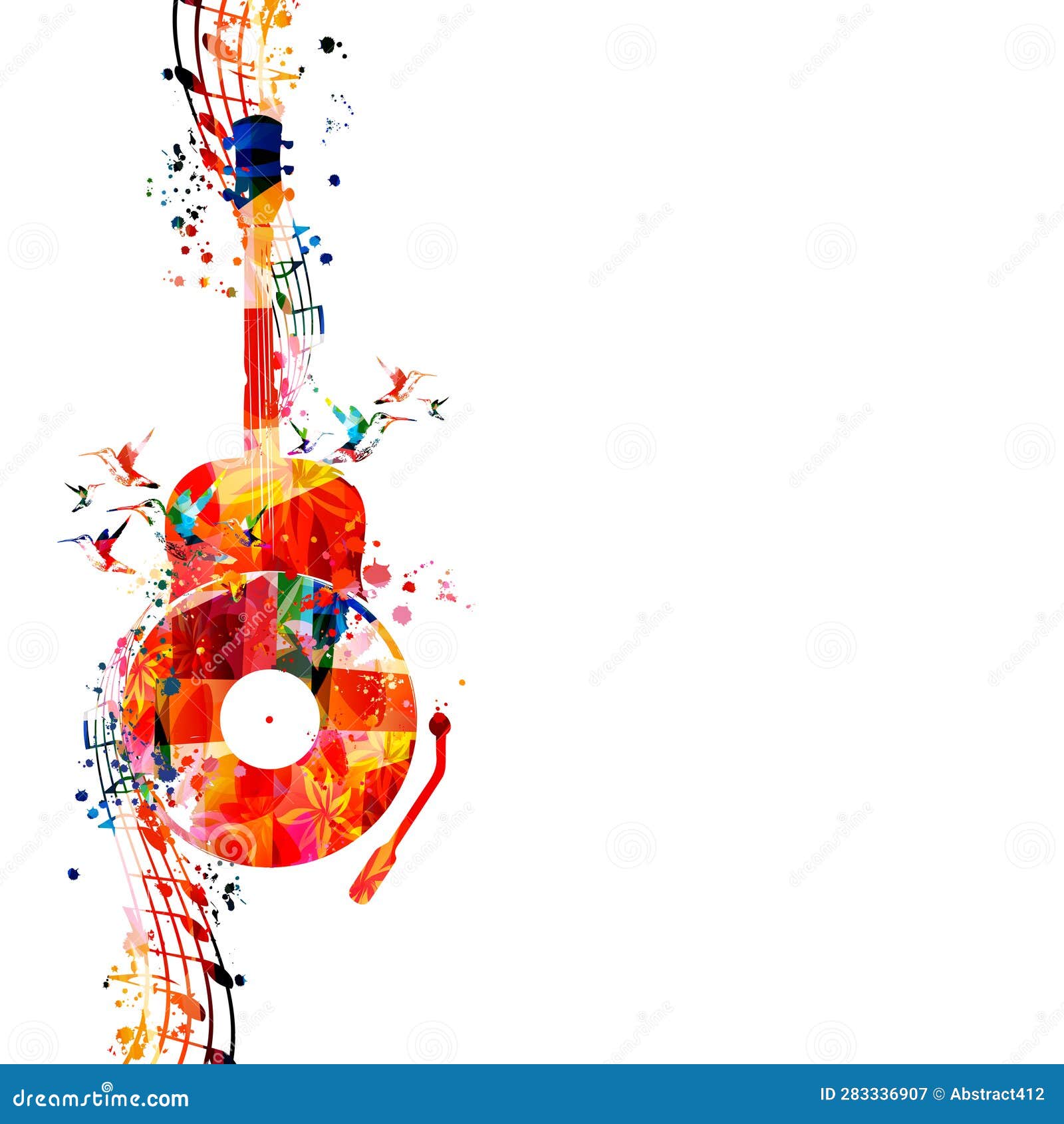 Playful Music Background with Abstract Guitar, LP Record and