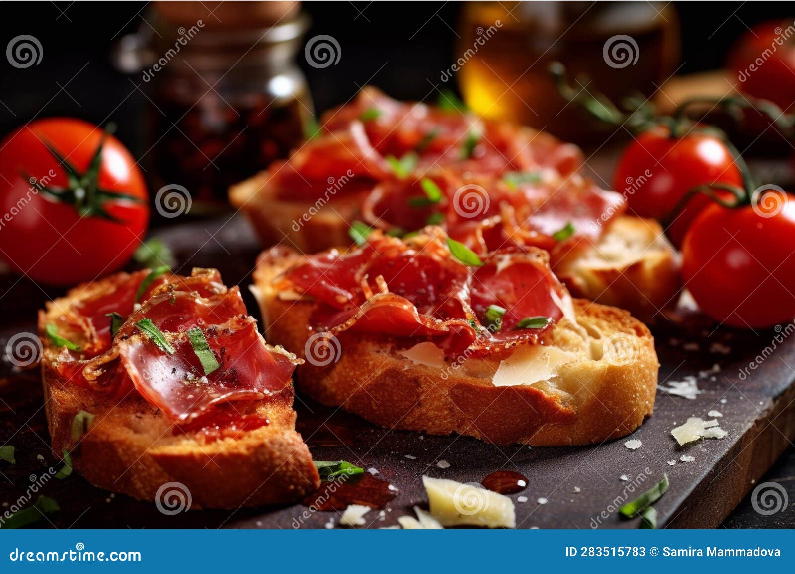 Bruschetta with Prosciutto Crudo or Jamon, Parma Ham and Fresh Tomatoes