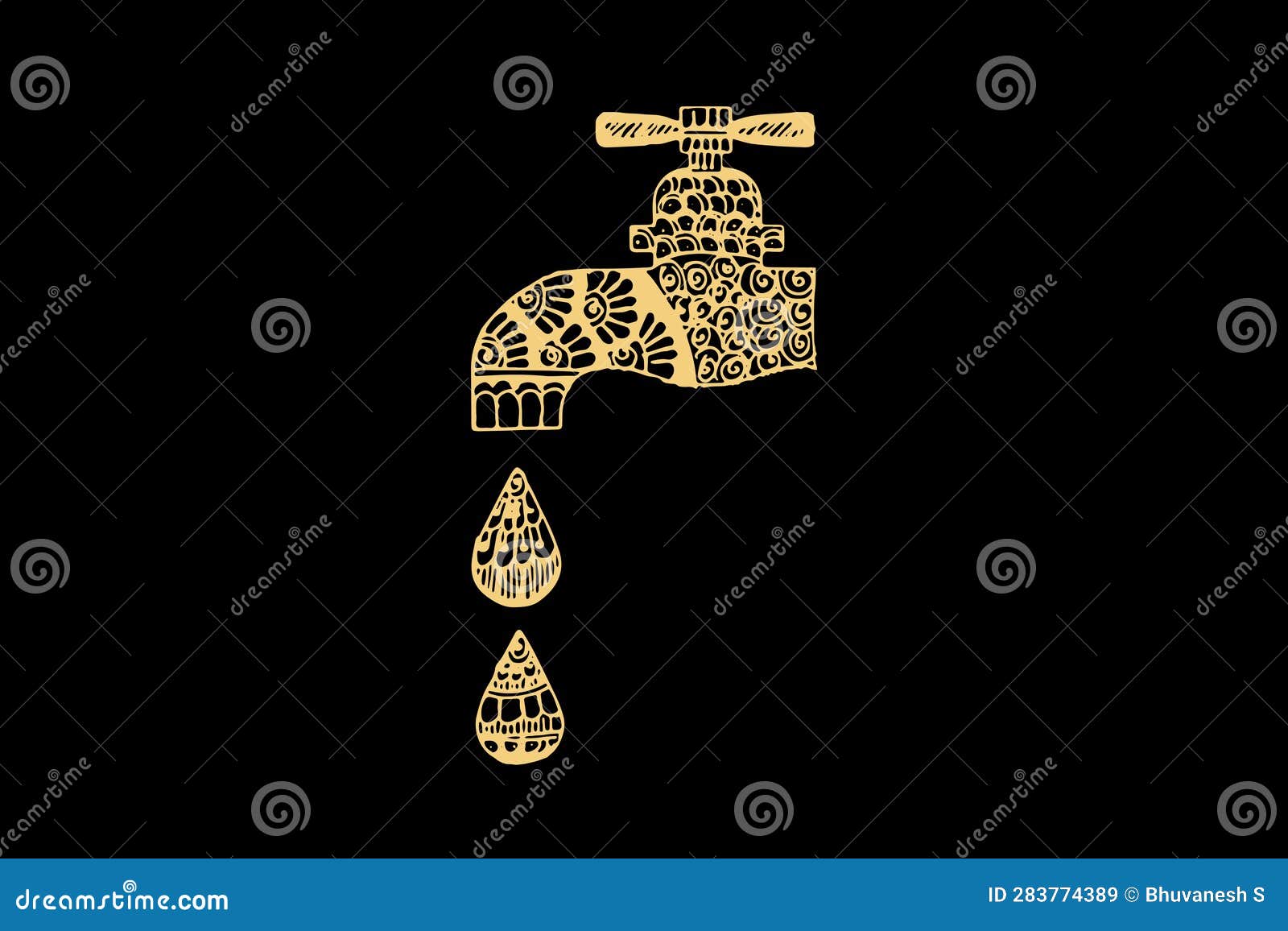 Zentangle Art for Water Tap with Drops with Gold Color Isolated on Dark