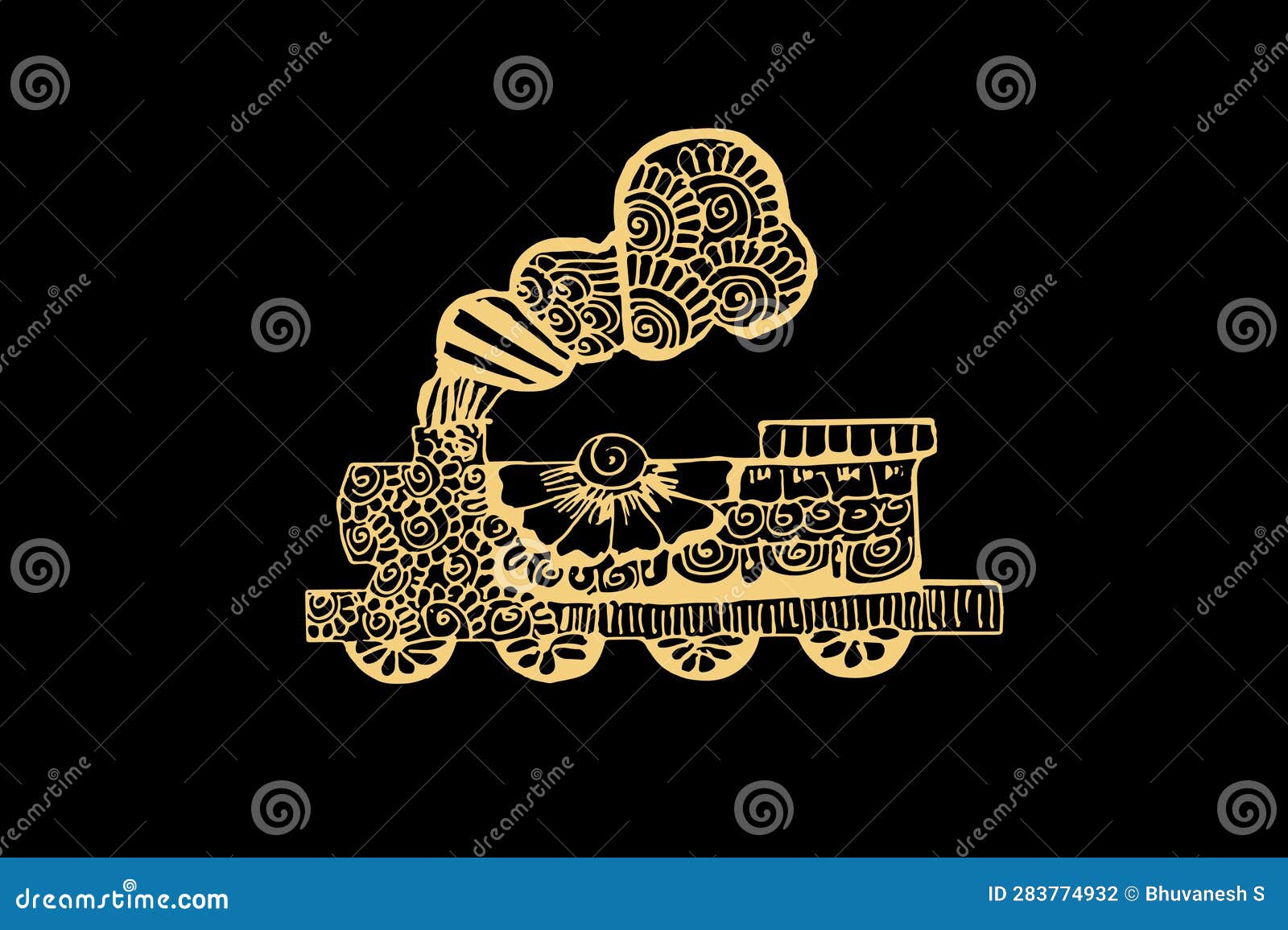 Zentangle Art for Old Train Engine with Gold Color Isolated on Dark