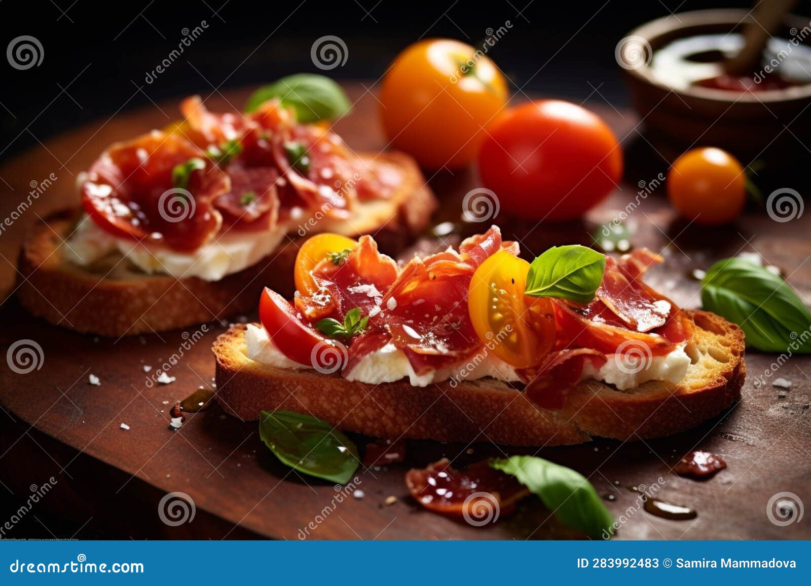 Bruschetta with Prosciutto Crudo or Jamon Stock Illustration