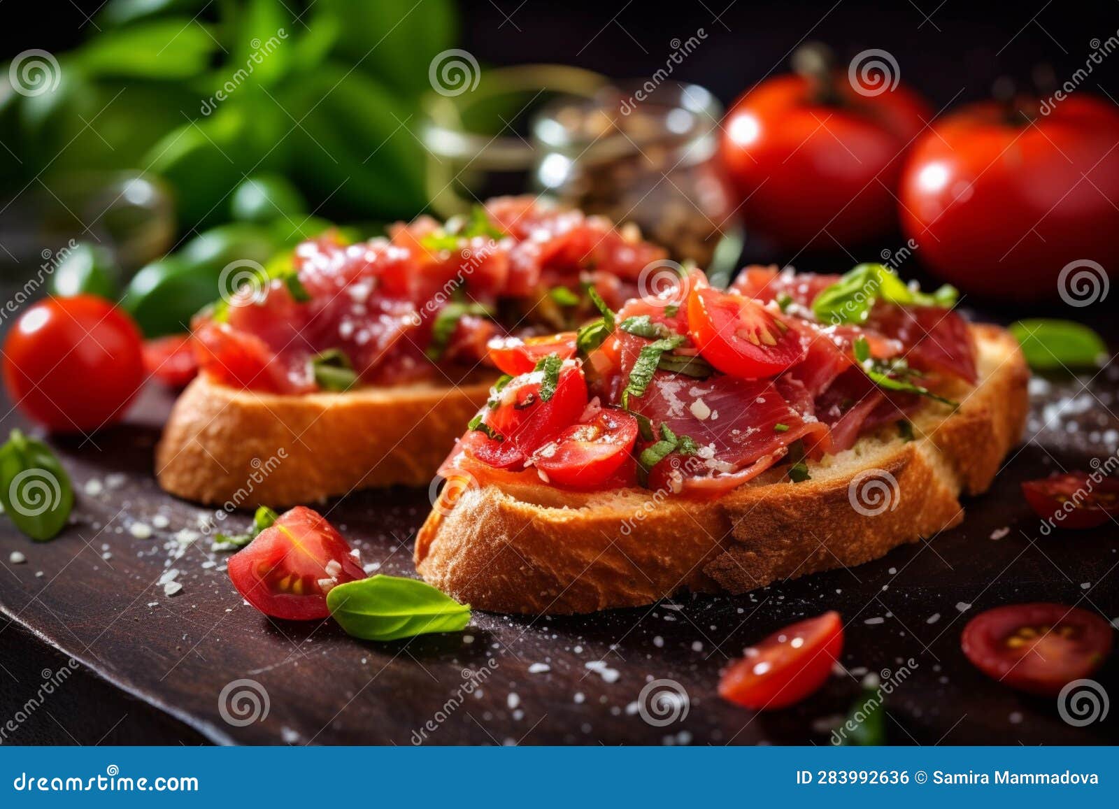 Bruschetta with Prosciutto Crudo or Jamon Stock Illustration