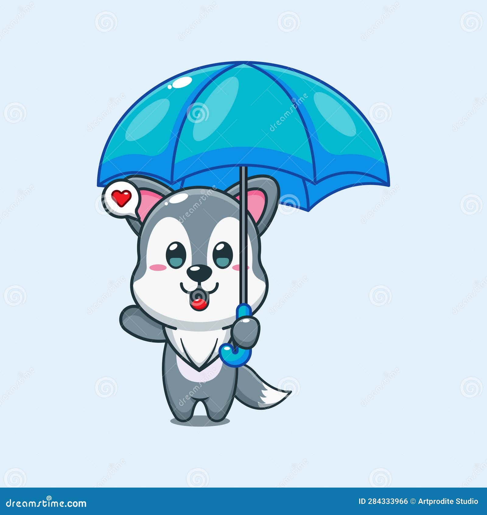 Cute Wolf Holding Umbrella Cartoon Vector Illustration. Stock Vector