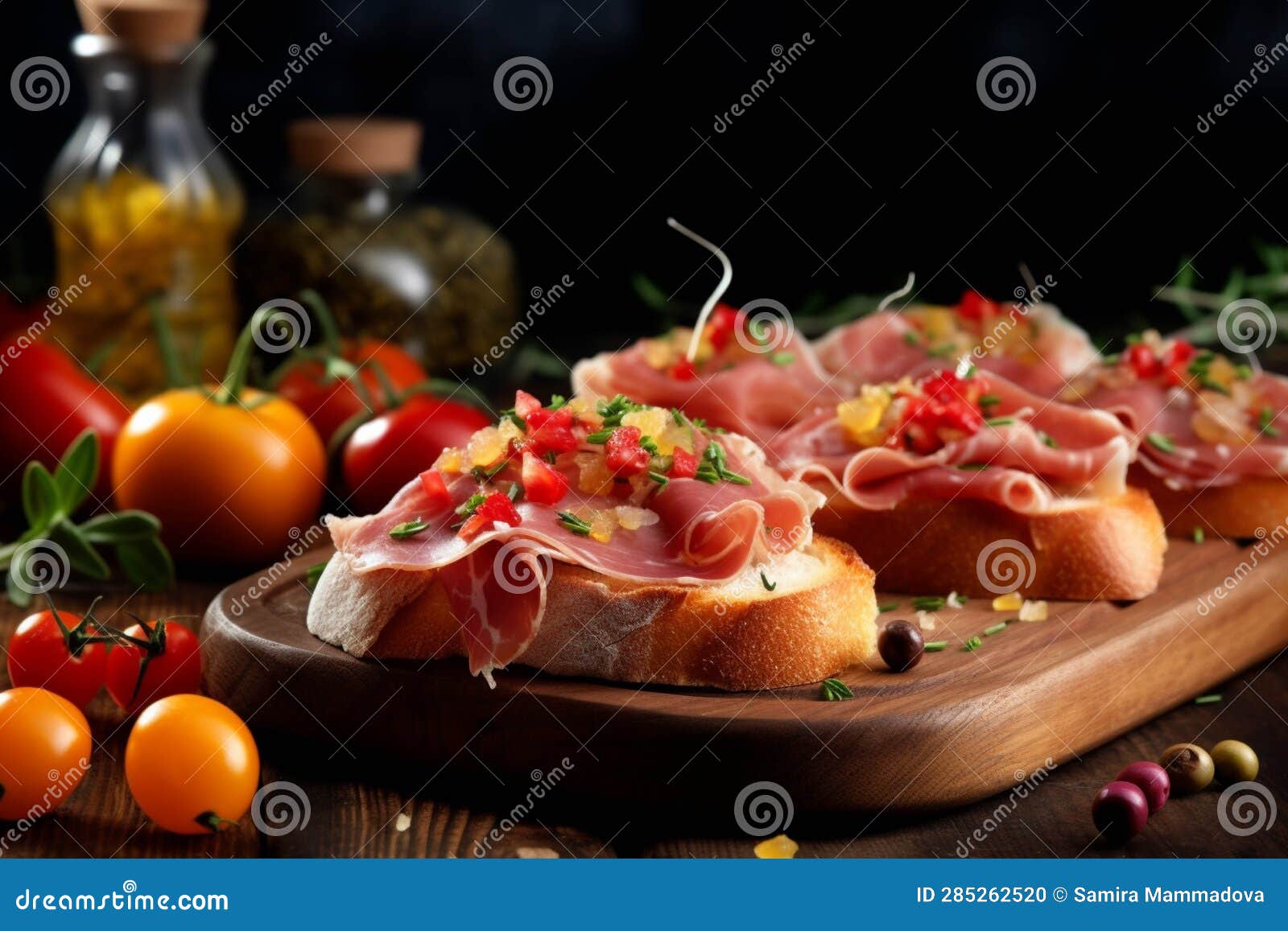 Bruschetta with Prosciutto Crudo or Jamon Stock Illustration