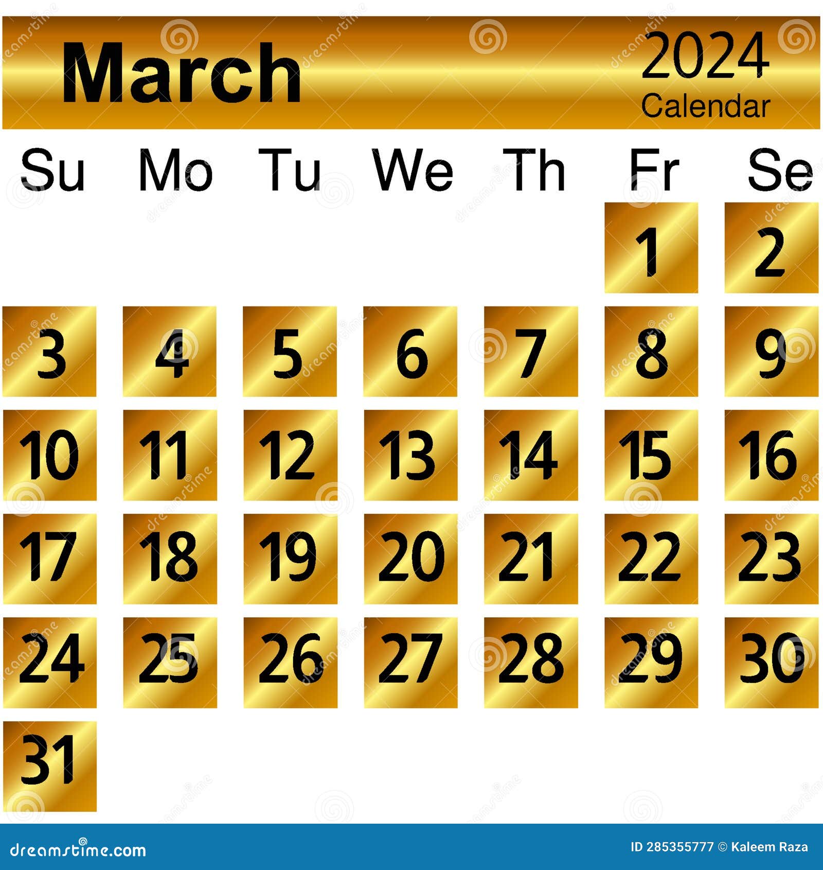 Gold March Month Calendar 2024 Stock Vector - Illustration of corporate, colours: 285355777