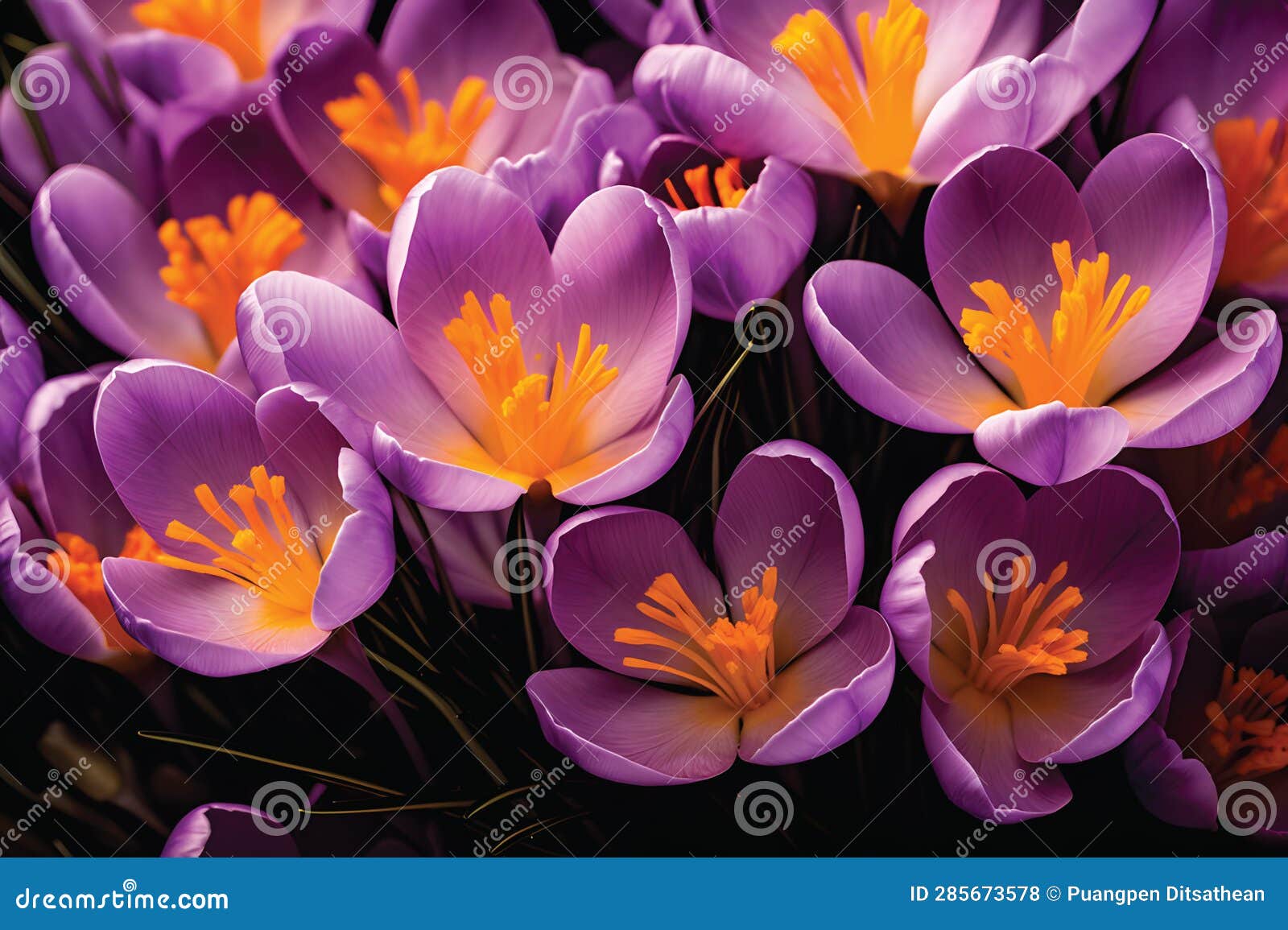 Close Up of Purple Crocus Flowers with Orange Pistil and Stamens Arlington, Massachusetts