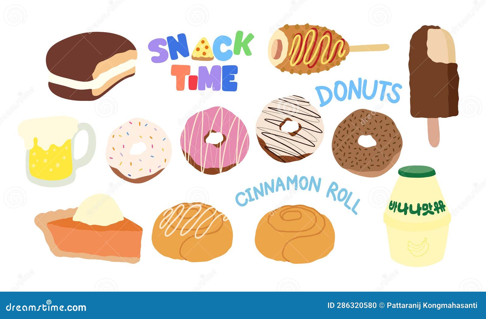 Snacks and Desserts Such As Chocolate Pie, Corn Dog, Ice Cream, Beer