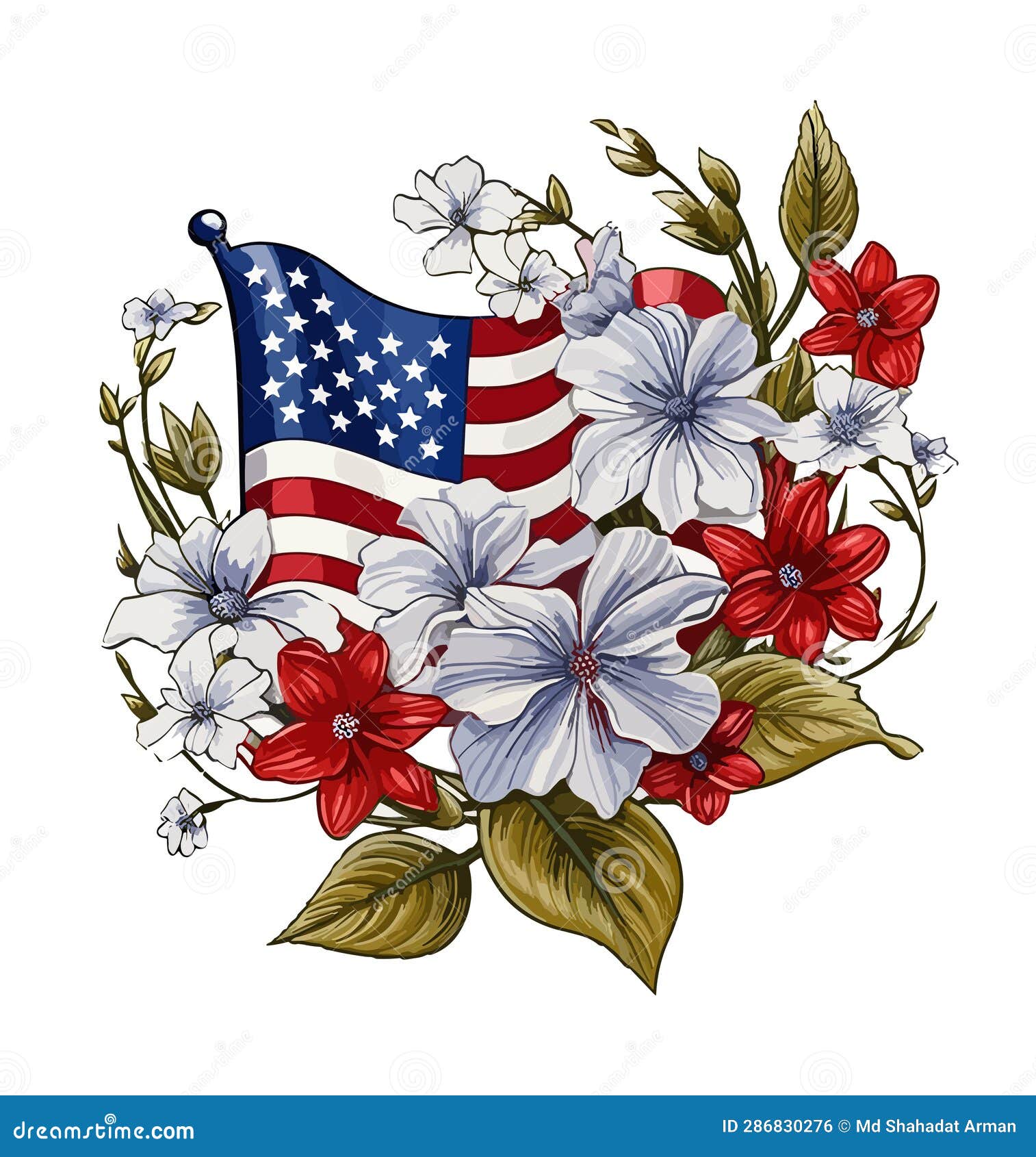 Floral American Flag ,American Flag with Spring Flowers. USA
