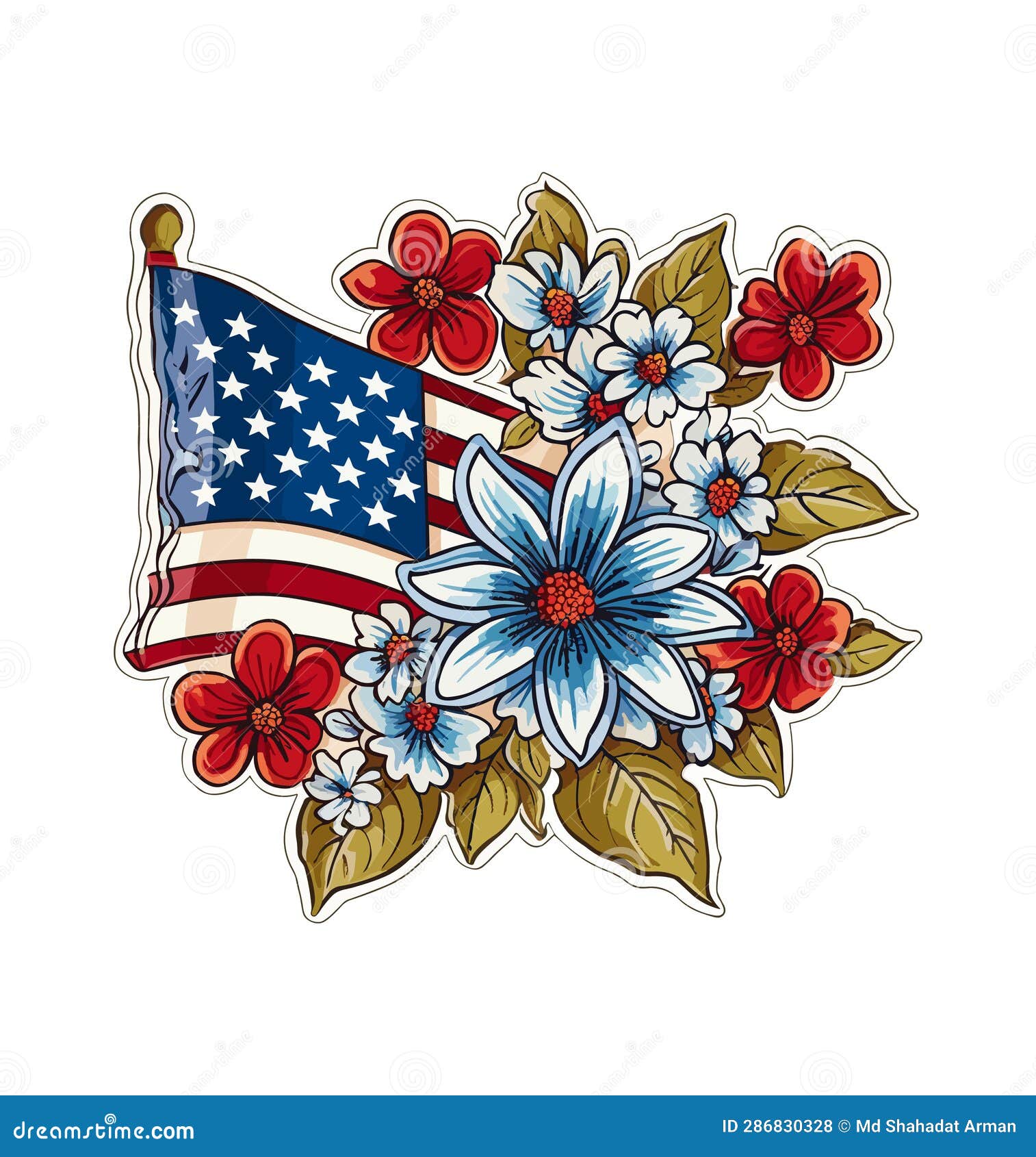 Floral American Flag ,American Flag with Spring Flowers. USA Independence Day. Stock Vector