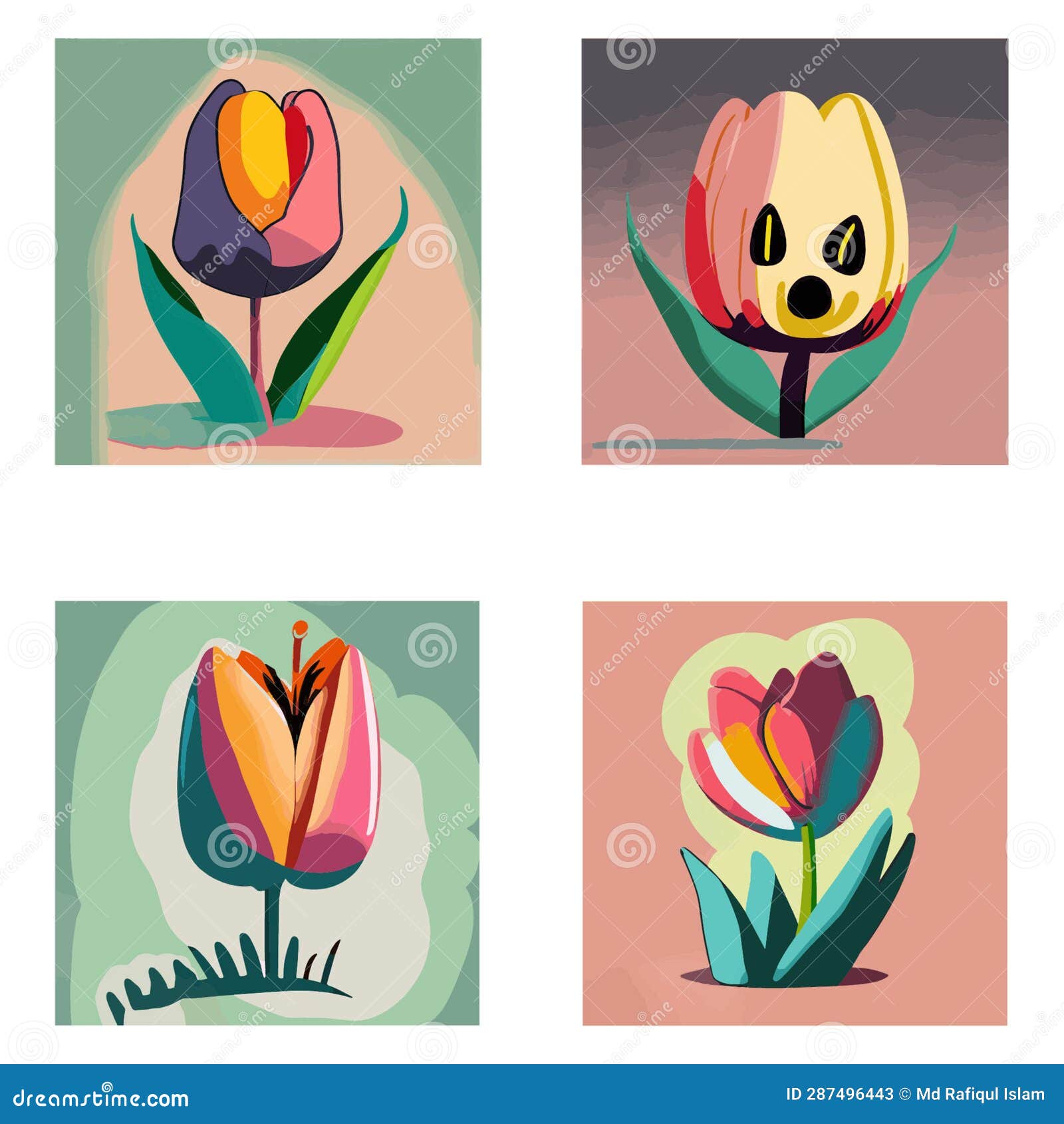 Abstract Illustration with Cartoon Tulip Flower Tshirt Design Stock