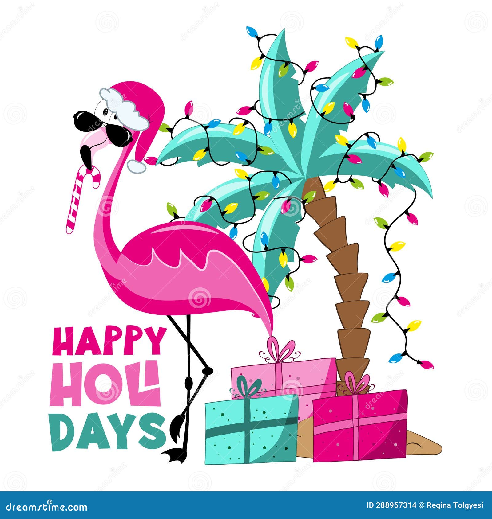 Happy Holidays Flamingo in Santa Hat, and with Candy Cane, Palm Tree