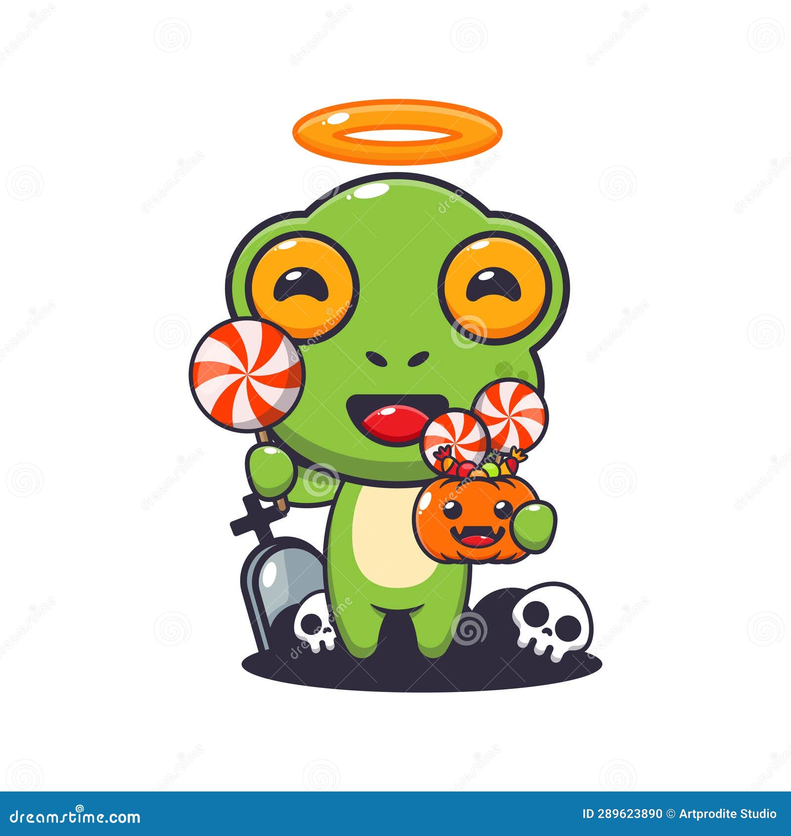 Cute Angel Frog Holding Candy in Halloween Day. Stock Vector