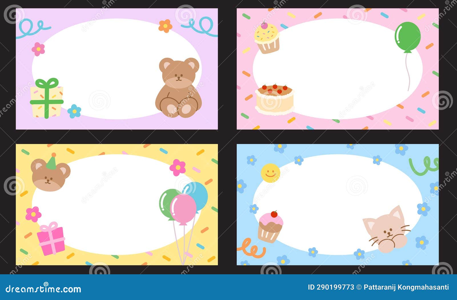 birthday banners with teddy bear, cat, cake, gift box, balloon for party frame, wallpaper, animal print, cafe, restaurant, menu