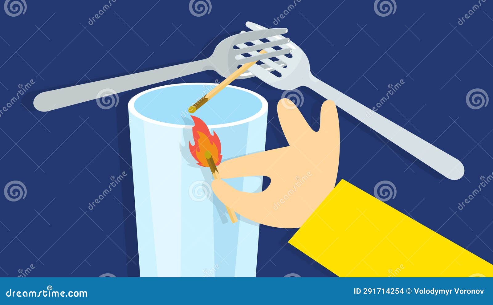 Vector Illustration of a Hand Holding a Burning Match in a Glass. an