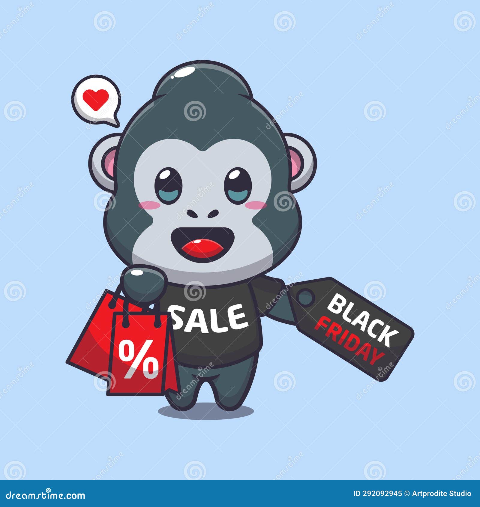 cute gorilla with shopping bag and black friday sale discount cartoon  .