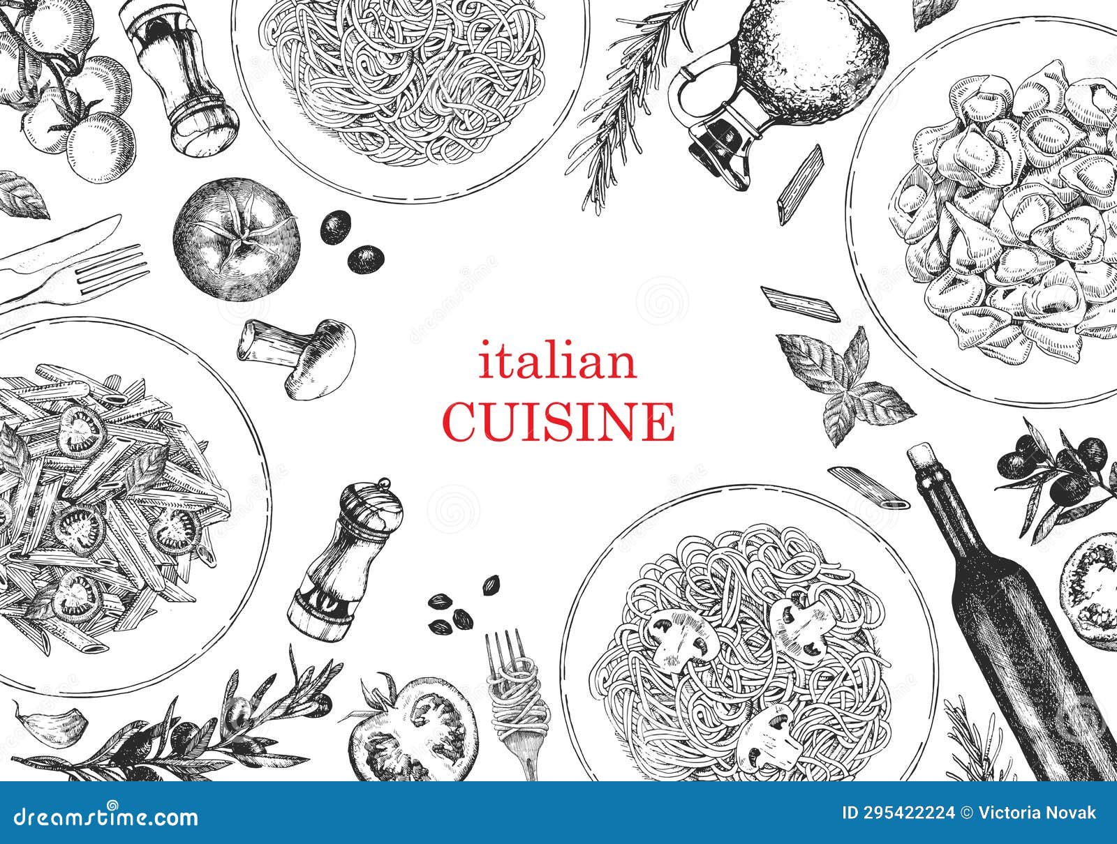 Traditional Italian Cuisine. Handdrawn Illustration of Italian