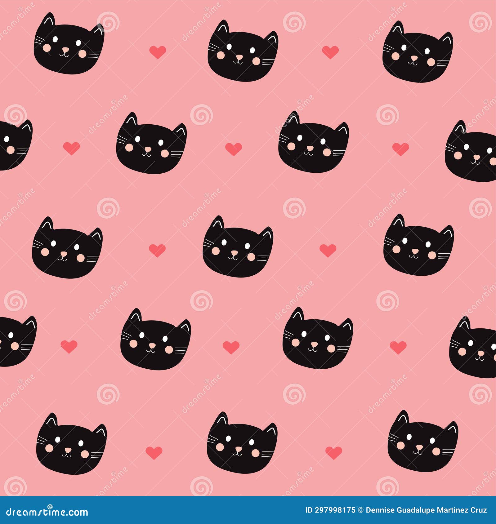 cute cat head face seamless pattern, pattern of cute black kittens with hearts and pink background