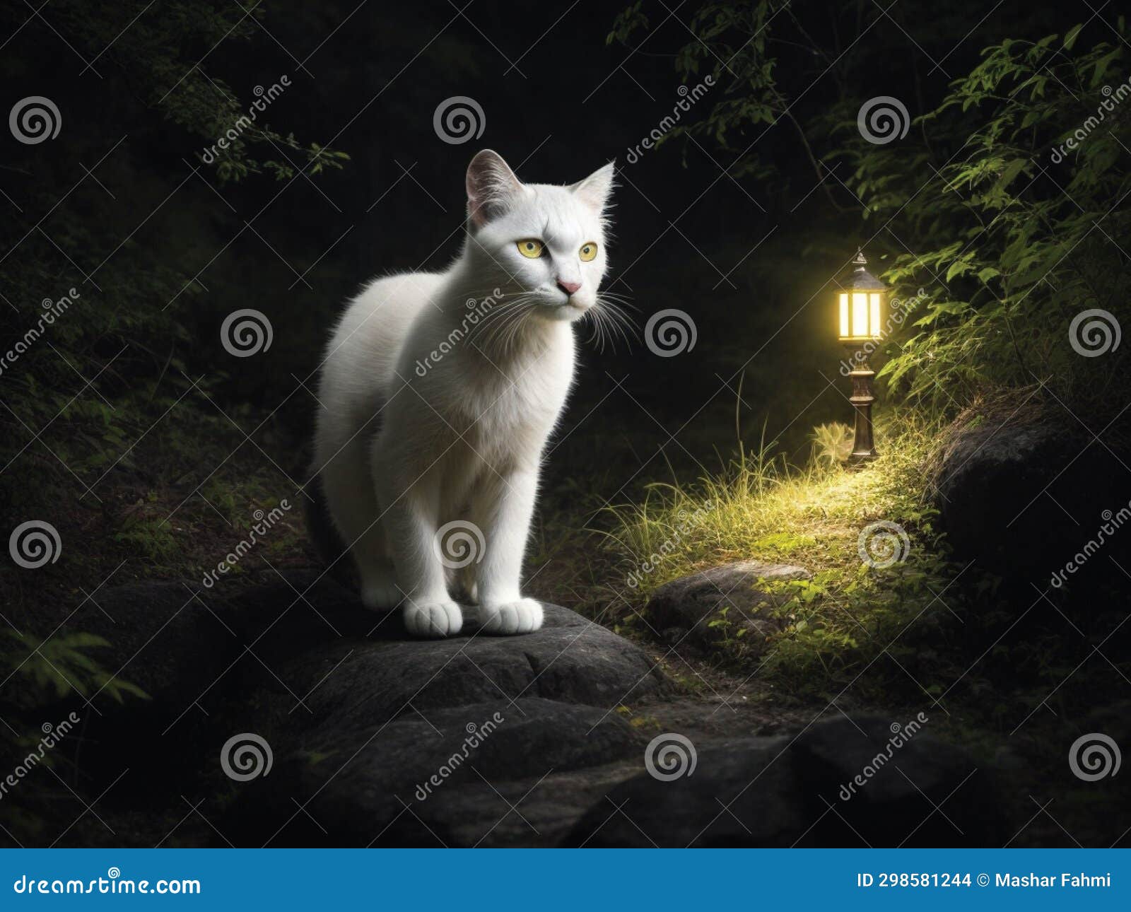 A White Cat at Night Walking Alone beside the Garden Lights Stock