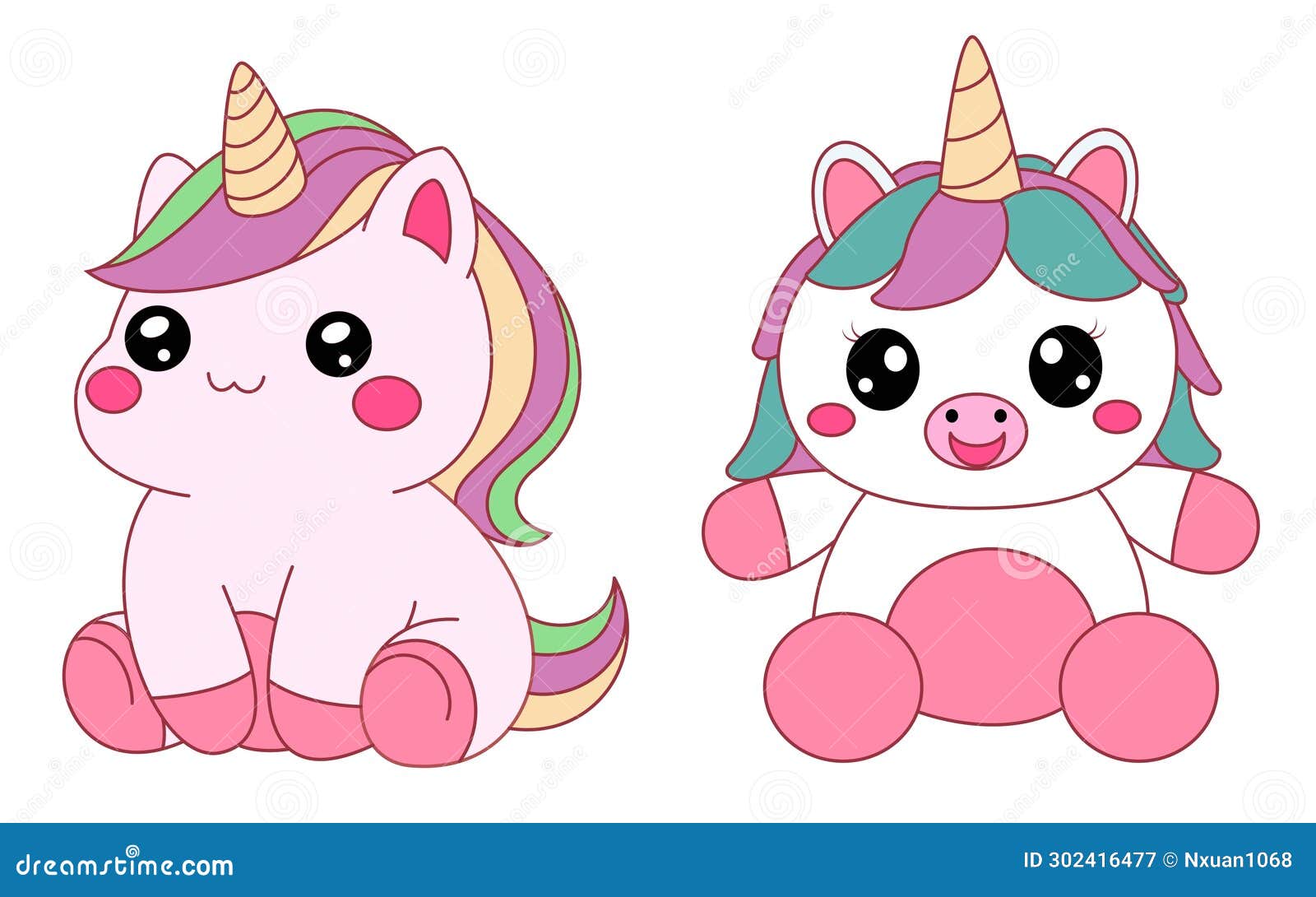 Set of Cute Unicorn Squishmallow Illustration Stock Vector