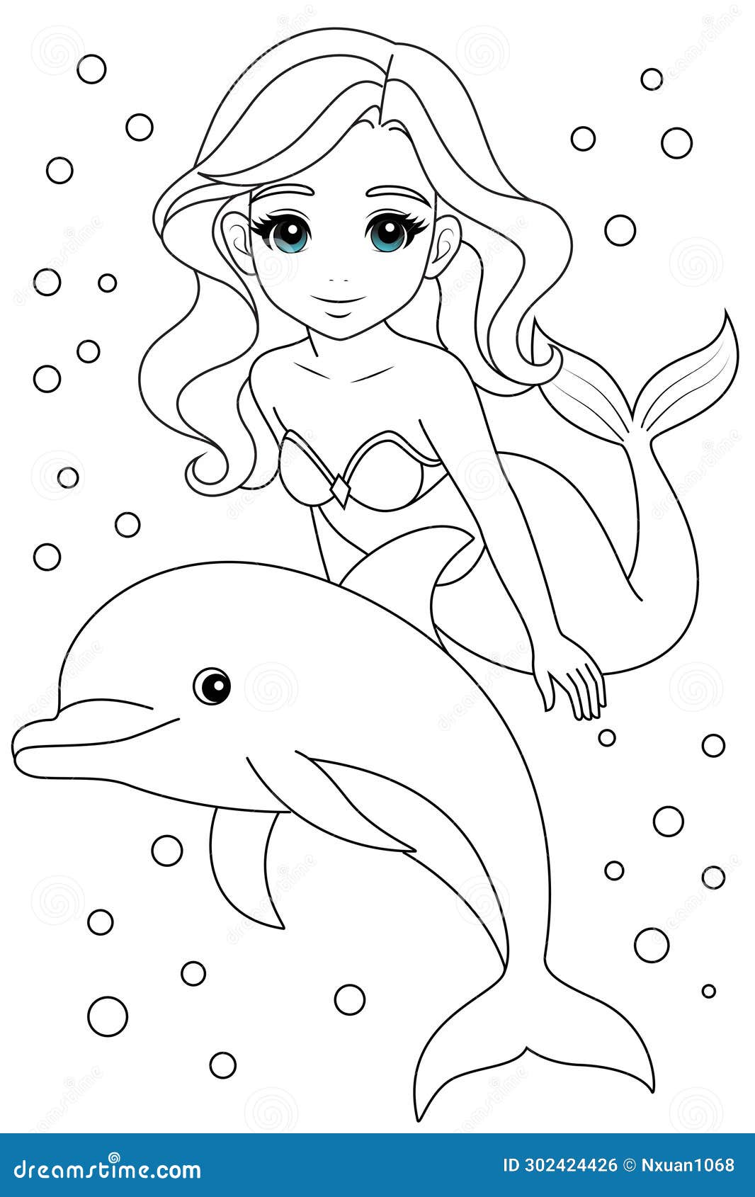Kawaii Mermaid Princess and Cute Dolphin Coloring Page Stock Vector ...