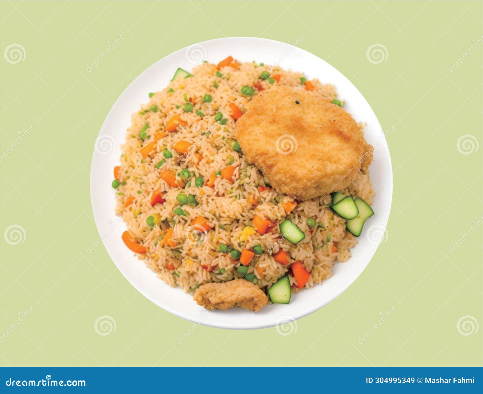 Jumbo Version Fried Rice and Fried Flour Chicken on a Light Green