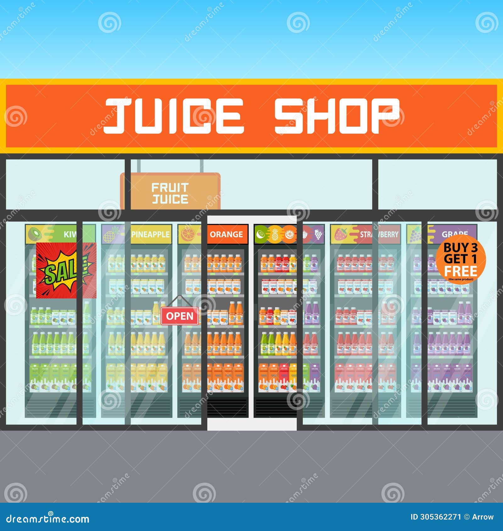 Fruit Juice Shop Store. Fridge with Vegetable Drinks Stock Illustration