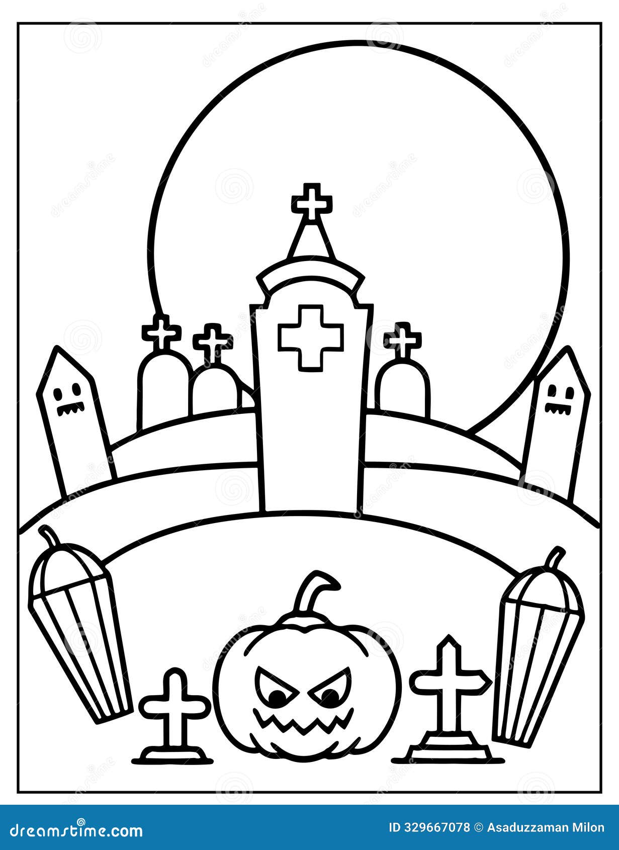 Halloween Graveyard Coloring Page Design, Halloween Vector Design ...