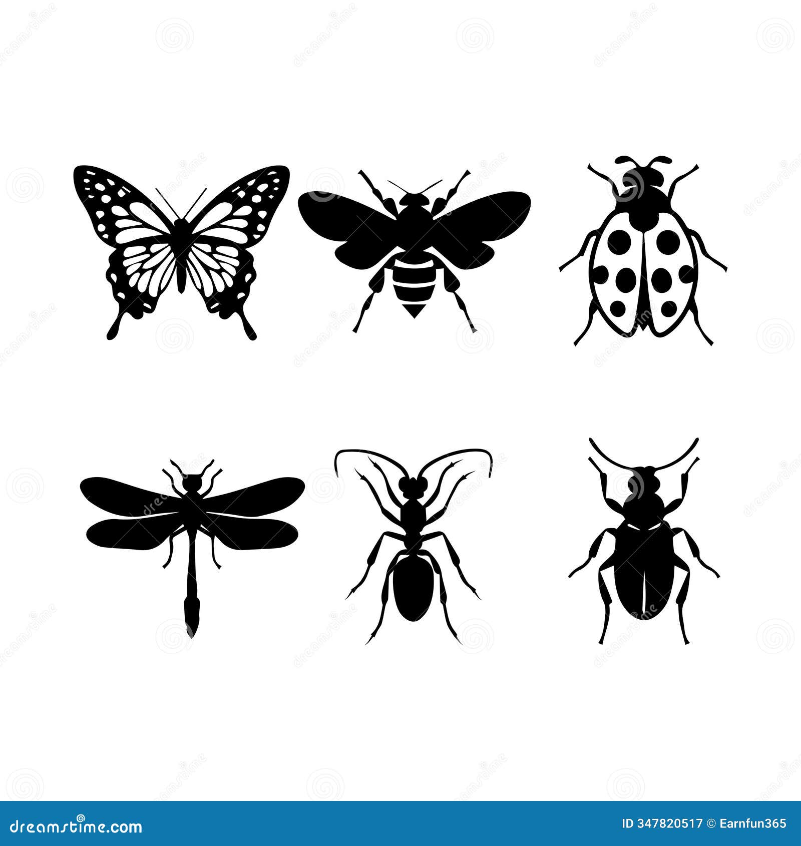 A Set of Vector Silhouette Images of Insects: Butterfly, Bee, Ladybug ...