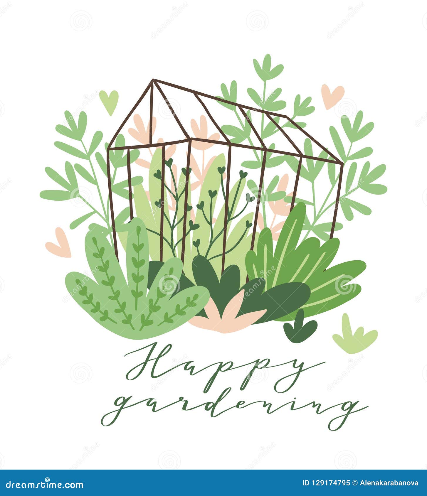 cute  seasonal greeting card - growing flowers and plants in the greenhouse with text `happy gardening`.