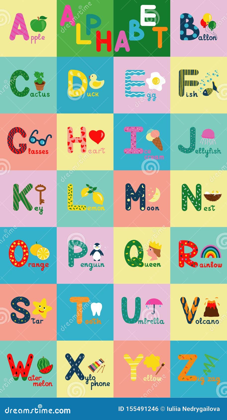Kawaii English vocabulary and alphabet flash card vector for kids to help  learning and education in kindergarten children. Words of letter abc to z  ,each card isolated on white background. Stock Vector